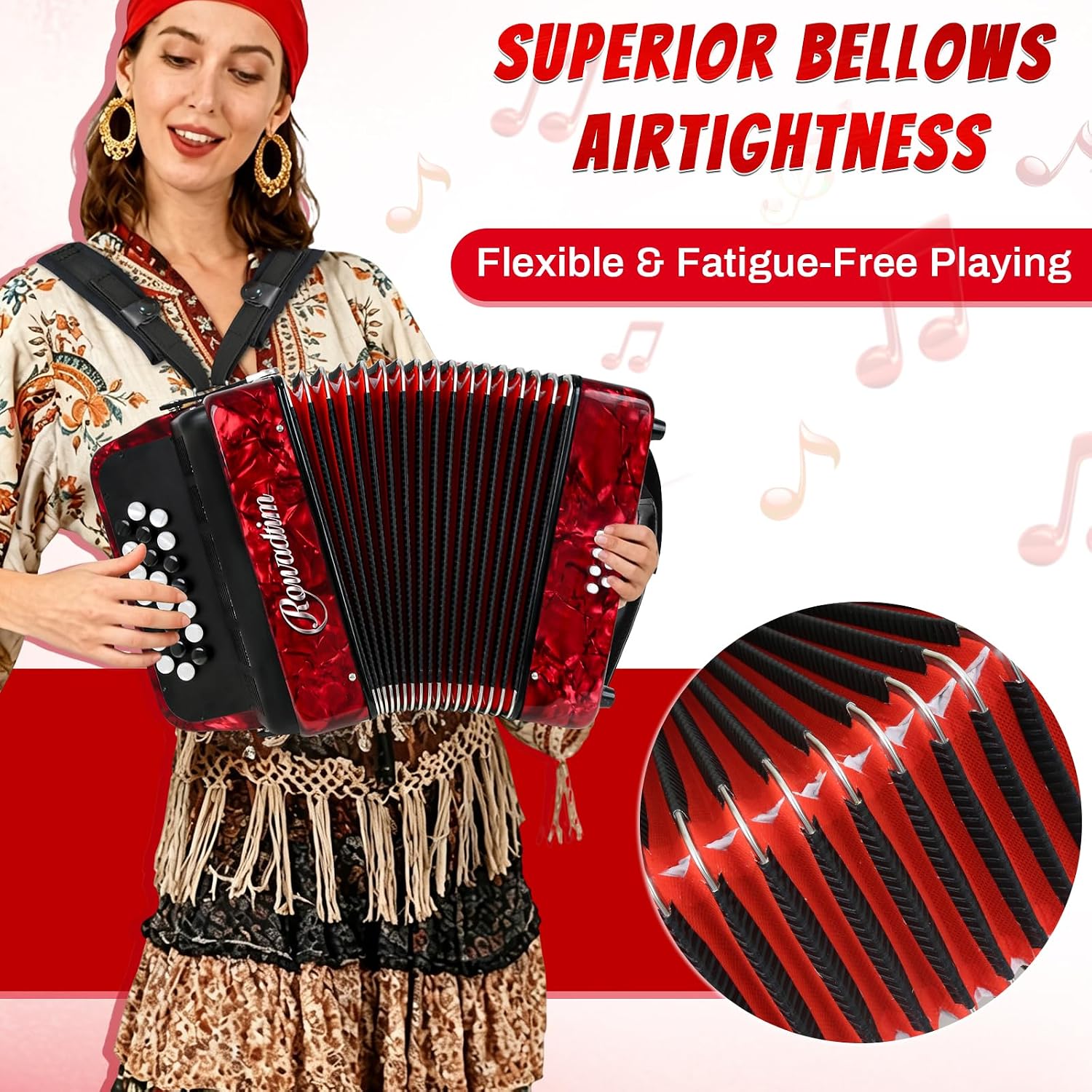 Accordions,22 keys Accordion,8 Bass Student Piano accordions Suitable for beginners and students Lightweight and portable, comes with a backpack and adjustable straps (8 Bass, Red)