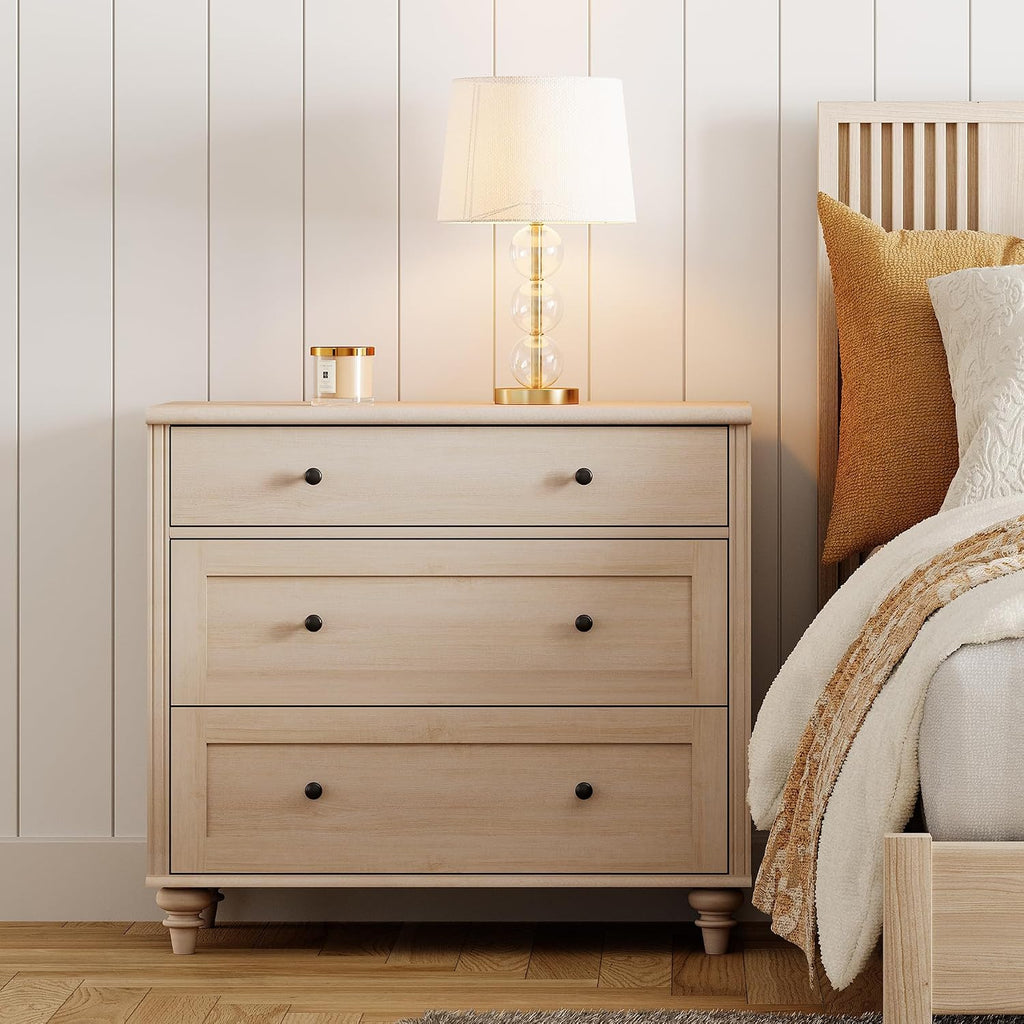 WAMPAT Farmhouse Nightstand with 3 Drawers, Set of 2 Large 3 Drawers Wood Bedside Table Night Stand, Wide Sofa Side End Table Chest of Dresser for Living Room, Bedroom, Beige, 34 inch