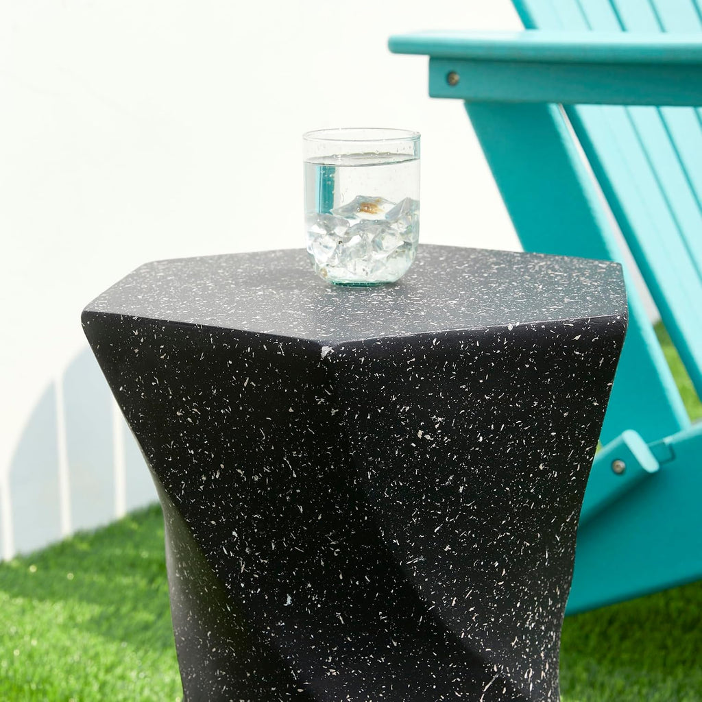 Glitzhome Outdoor Side Table Set of 2, 17.75' H Decorative Garden Stool MGO Twist Faux Terrazzo End Table, Round Planter Stand for Indoor Outdoor Living Room Bedroom Patio Deck Poolside, Black