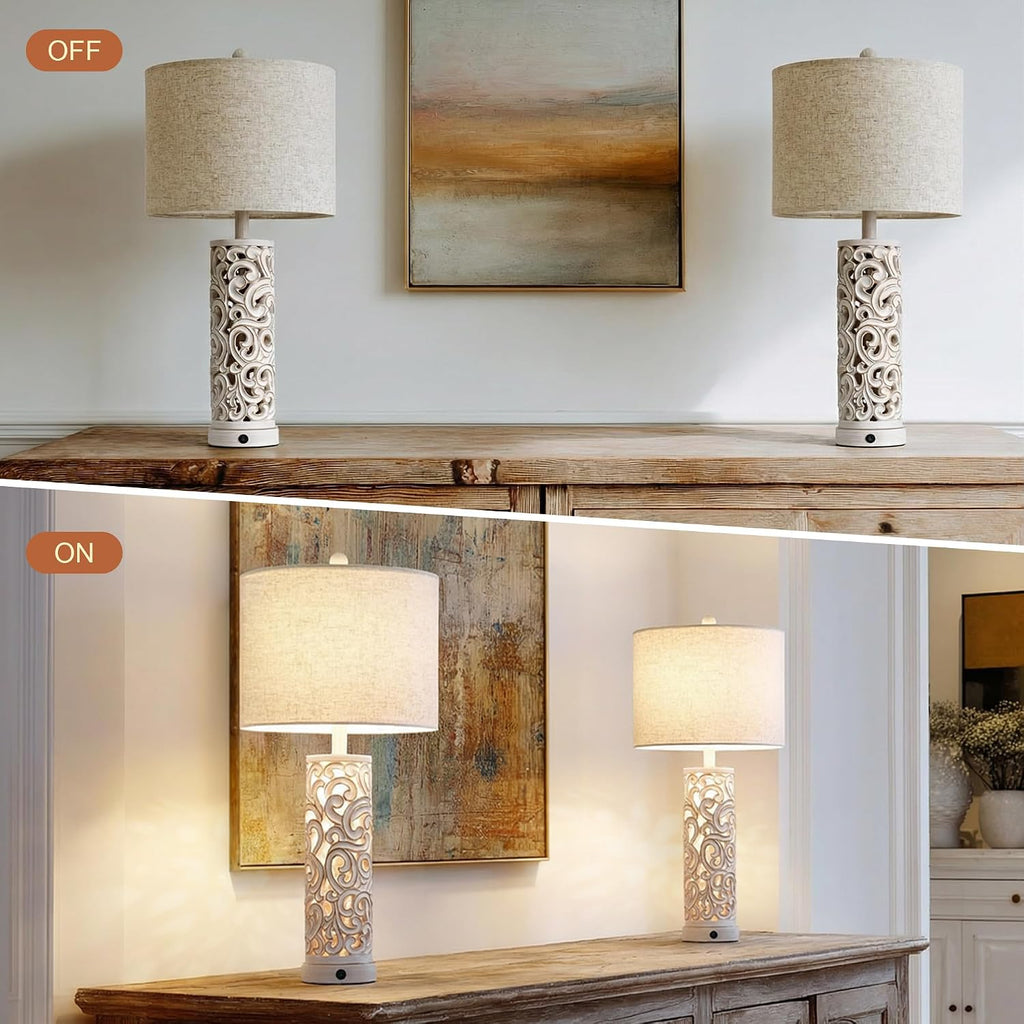 OYEARS 2-in-1 Light Table Lamp Set of 2 for Living Room, 28.5' Farmhouse Bedside Lamps with USB Charging Port, Main&Night Light & Dual Switches, Nightstand Lamp for Bedroom Home Office(Bulb Included)