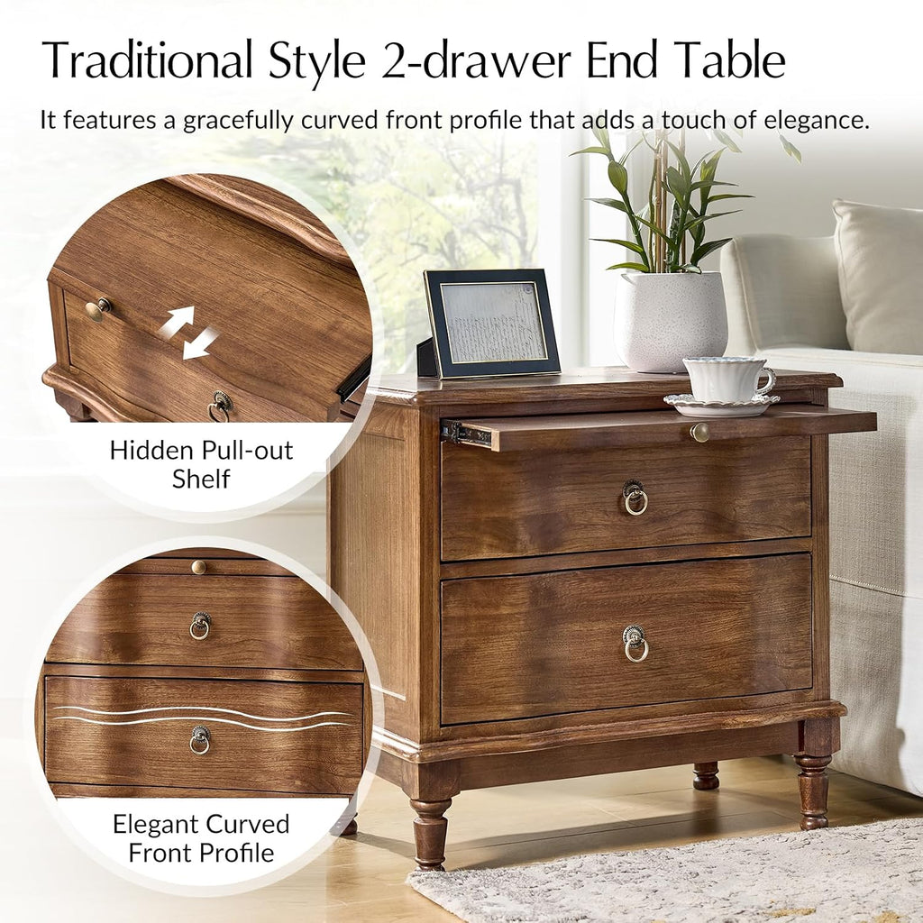 HULALA HOME Solid Wood Storage End Tables with Hidden Pull-Out Shelf, Transitional 2 Drawer Side Tables with Charging Station, Large SideTables with USB Ports, Easy Assembly, (Set of 2, Cherry)