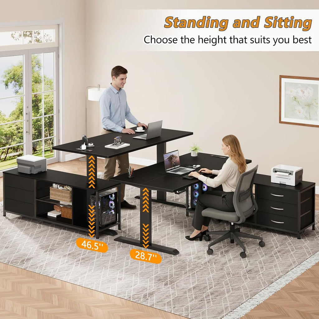 L Shaped Electric Standing Desk with Drawers & Shelves, Height Adjustable Corner Computer Desk with Power Outlets, 55 Inch Sit Stand Executive Desk with 3 Fabric Drawer for Home Office, Black
