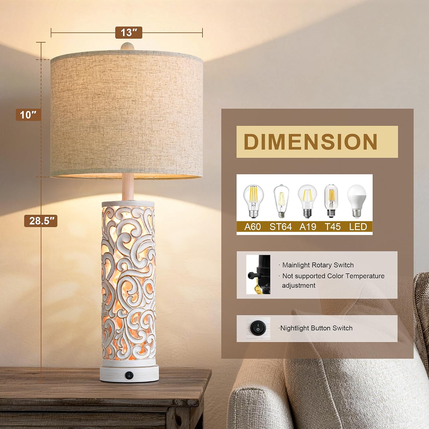 OYEARS 2-in-1 Light Table Lamp Set of 2 for Living Room, 28.5' Farmhouse Bedside Lamps with USB Charging Port, Main&Night Light & Dual Switches, Nightstand Lamp for Bedroom Home Office(Bulb Included)