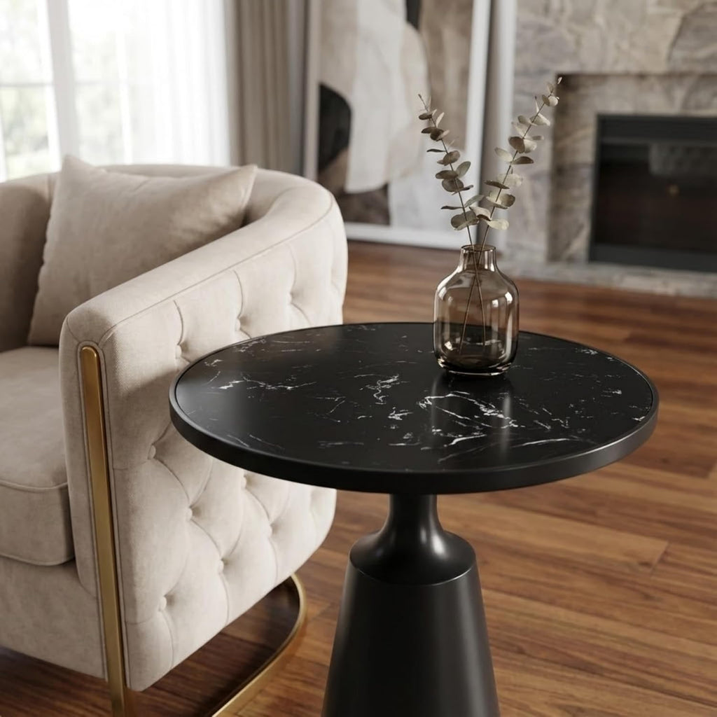 Merax Modern Iron Side Table with Marble Pattern Top (20' Diameter) – 24.25' H Accent Table with Conical Base – Minimalist Round End Table for Living Room & Bedroom & Office, Assembly-Free, Black