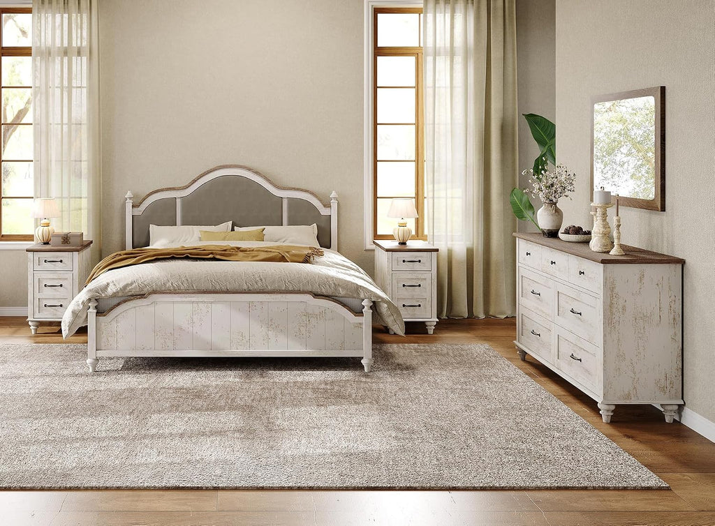 WAMPAT 2 Pack End Tables with Charging Station, Farmhouse Side Table with Drawer & Storage Cabinet, Antique White Nightstand with Power Outlets & USB Ports for Living Room, Bedroom