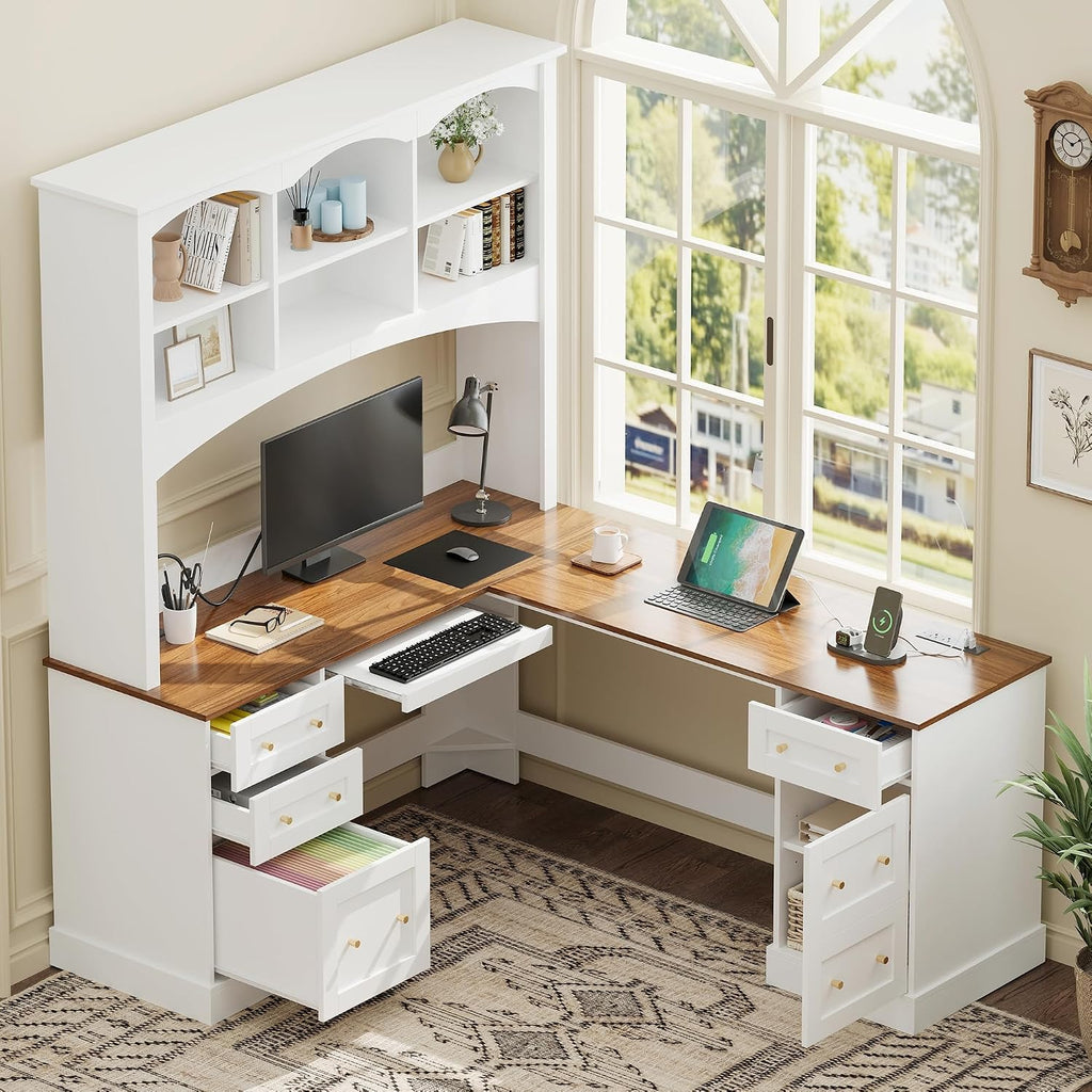 L-Shaped Computer Desk with Keyboard Tray | Charging Stations,Corner Desk with Arched Hutch, All-in-One Home Office Desk for Study, Office