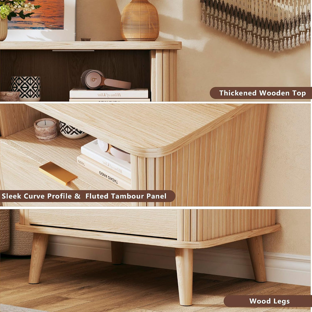 Fluted Nightstands Set of 2, Mid Century Modern Bedside Table with Drawer & Open Shelf, Curved Profile Design, Night Stand with Charging Station, End Side Table with Storage for Bedroom, Oak