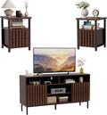 UEV Mid Century Modern 3-Piece Living Room Set, Walnut TV Stand Cabinet and 2 End Tables Set, Nightstand Set of 2, Wood Fluted TV Stand Sofa Side Table with 2 Drawers and Open Shelf for Living Room
