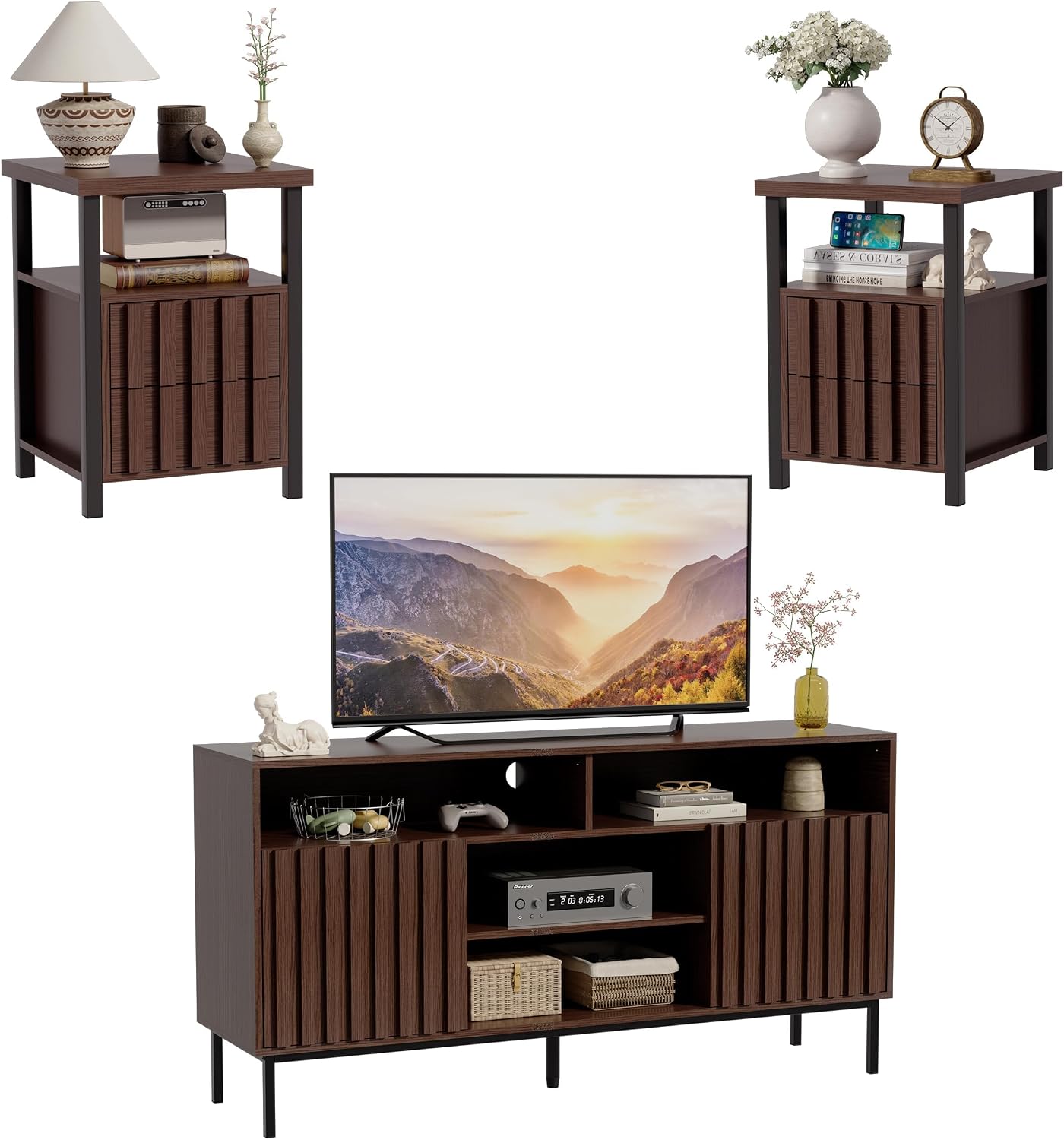 UEV Mid Century Modern 3-Piece Living Room Set, Walnut TV Stand Cabinet and 2 End Tables Set, Nightstand Set of 2, Wood Fluted TV Stand Sofa Side Table with 2 Drawers and Open Shelf for Living Room