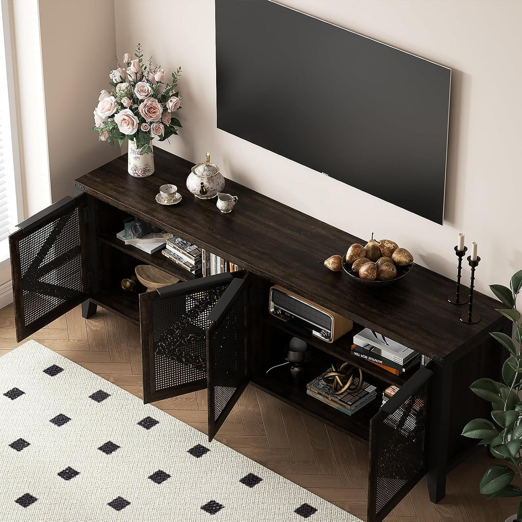 VFK 70 Inch Farmhouse TV Stand for 75 Inch TV, Rustic Entertainment Center with 4 Doors, Wood Media Console Cabinet with Storage, Living Room TV Cabinet