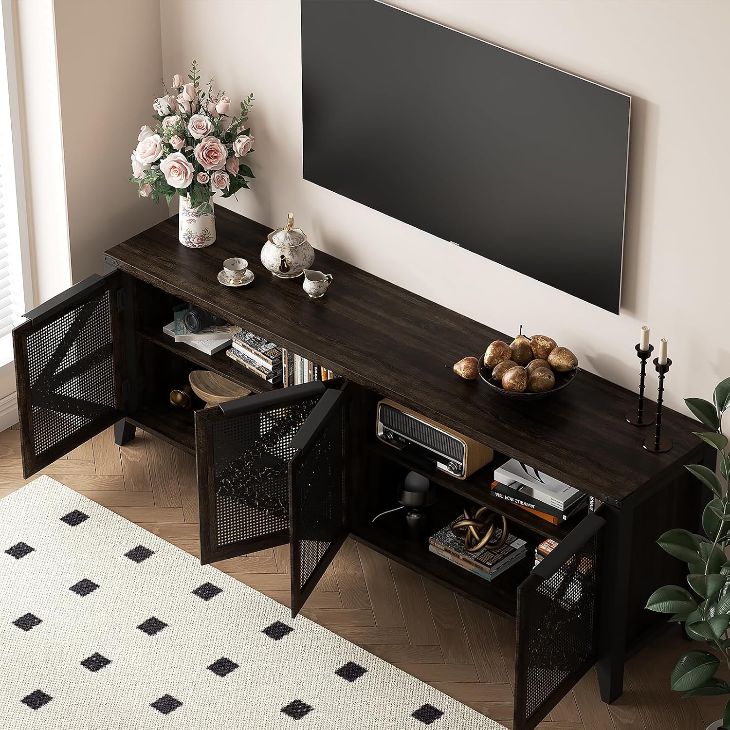 VFK 70 Inch Farmhouse TV Stand for 75 Inch TV, Rustic Entertainment Center with 4 Doors, Wood Media Console Cabinet with Storage, Living Room TV Cabinet