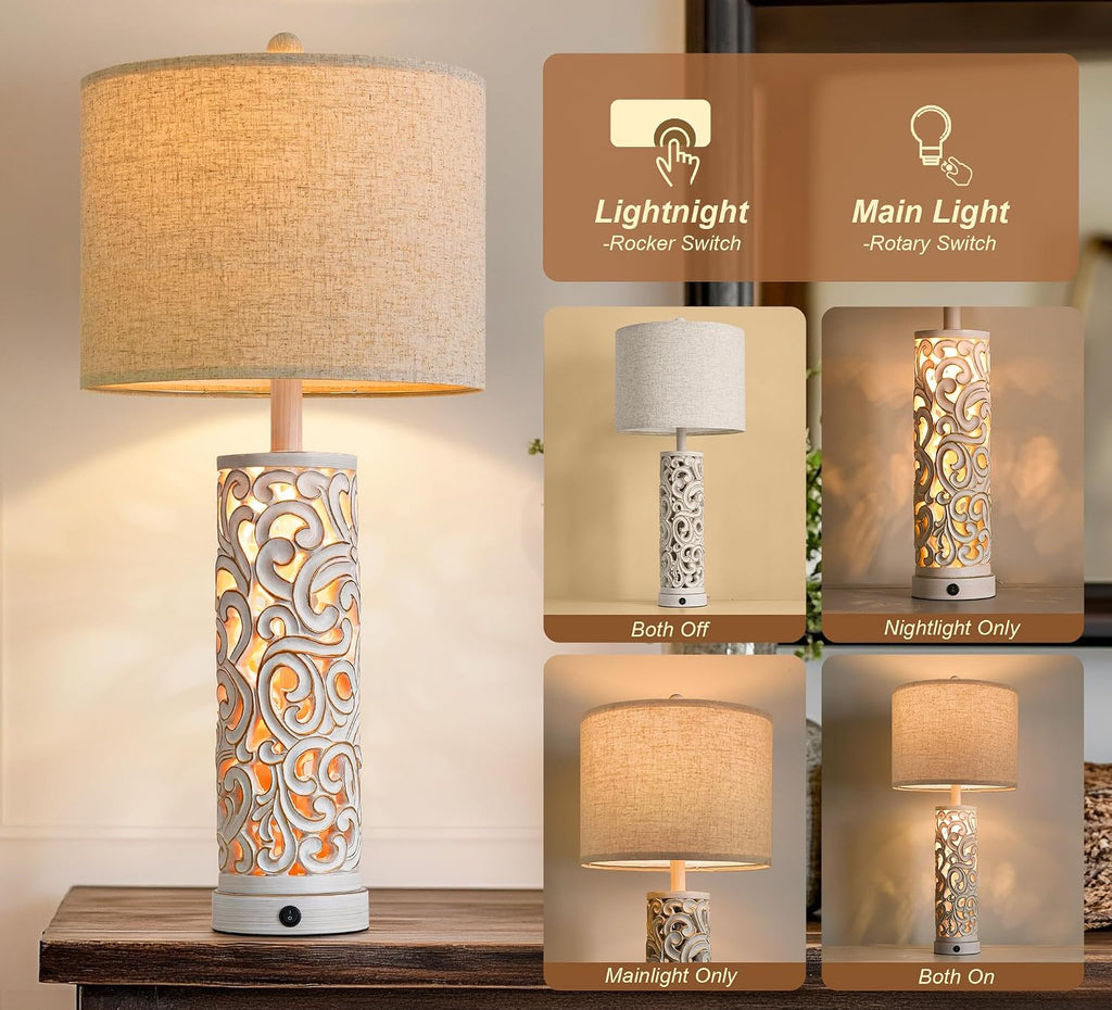 OYEARS 2-in-1 Light Table Lamp Set of 2 for Living Room, 28.5' Farmhouse Bedside Lamps with USB Charging Port, Main&Night Light & Dual Switches, Nightstand Lamp for Bedroom Home Office(Bulb Included)