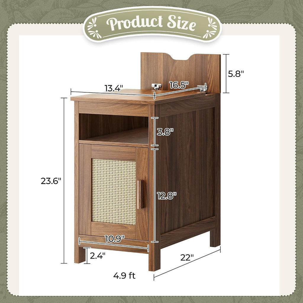 Huuger Narrow Night Stand Set of 2, End Table with Charging Station, USB-C Port, Rattan Side Table with Cabinet and Open Shelf, Synthetic Rattan, for Small Spaces, Bedroom, Walnut