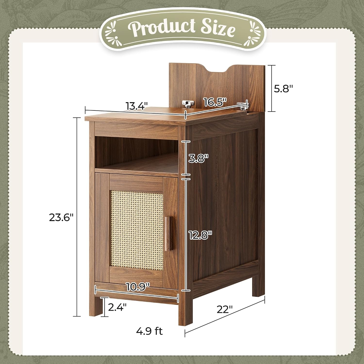 Huuger Narrow Night Stand Set of 2, End Table with Charging Station, USB-C Port, Rattan Side Table with Cabinet and Open Shelf, Synthetic Rattan, for Small Spaces, Bedroom, Walnut