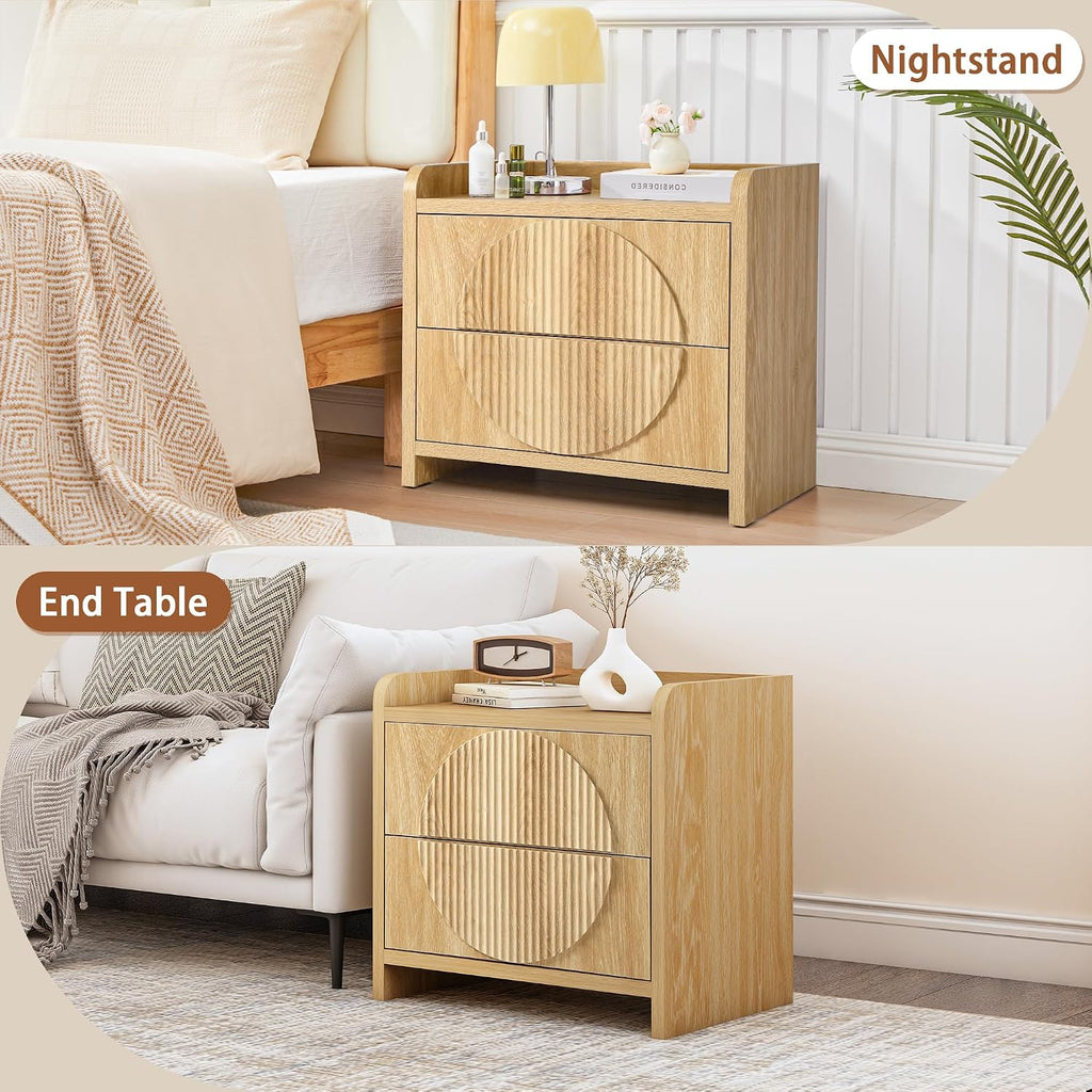 Turtle&Myrtle 24 Inch Wide Fluted Nightstands Set of 2, Large Night Stand with 2 Drawers, Mid Century Modern Bedside Table End Table with Storage for Bedroom (Natural)