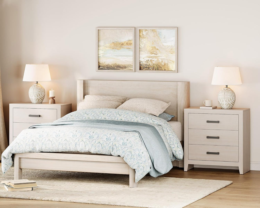 WAMPAT Farmhouse 3 Drawer Nightstand Set of 2, Large Wood Bedside Tables, 32' Wide End Tables with Storage for Bedroom, Hallway, Beige