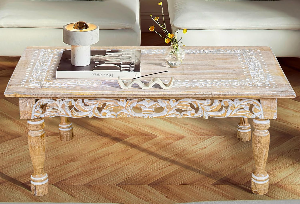 Rectangular Wooden Coffee Table 36x24x18 Inch – Beige Finish with Cutwork Jali Carving, Rustic Farmhouse Style, Mid-Century Modern Living Room Furniture