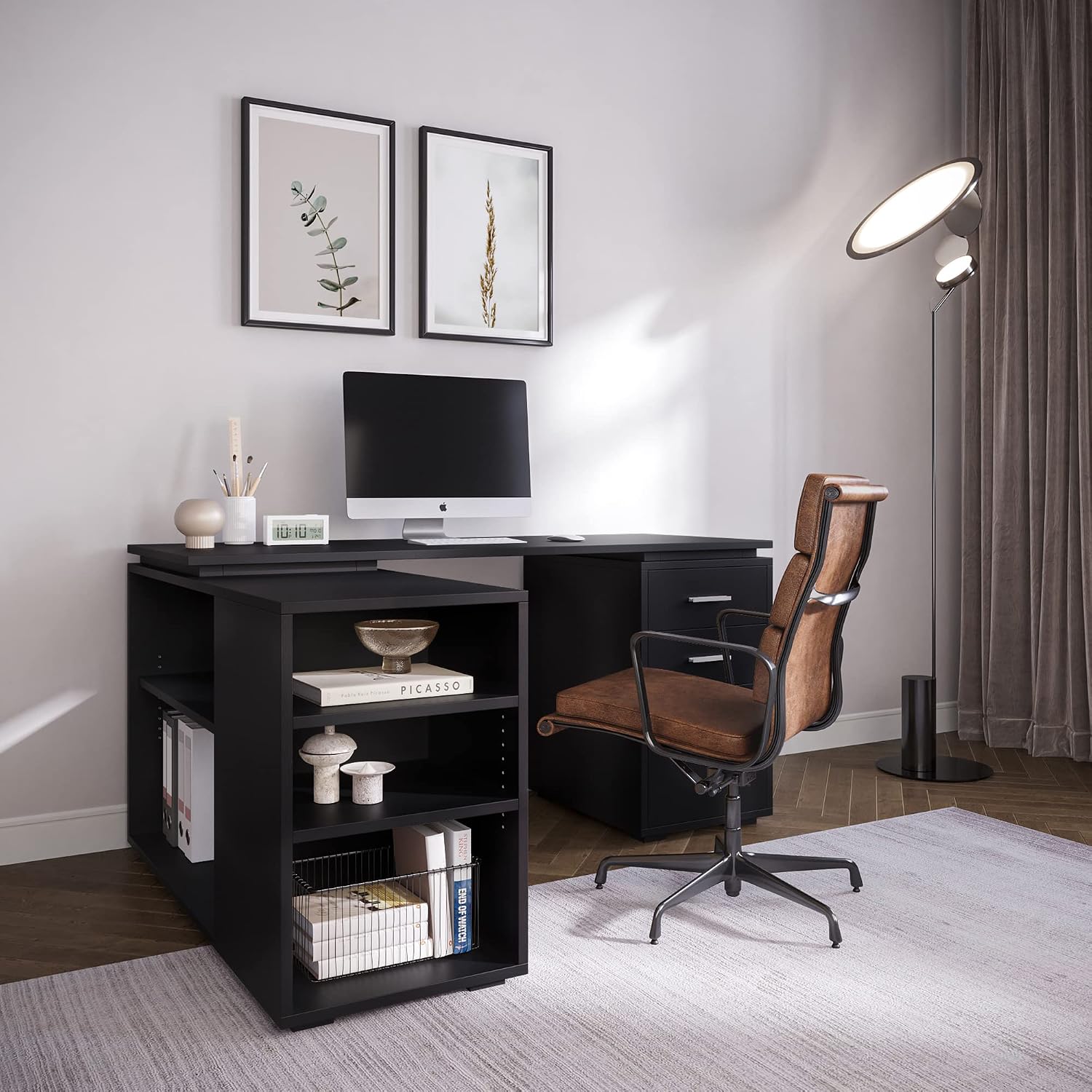 BELLEZE L Shaped Computer Desk, 60' Study Writing Table Home Office Desk Morden Corner Workstation Setup with Adjustable Storage Shelves and 3 Drawers, Black