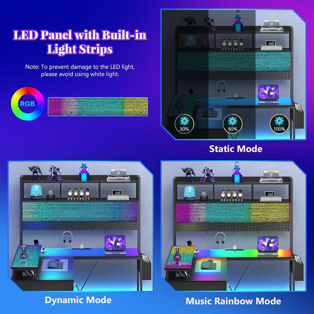 L Shaped Gaming Desk with Hutch, Reversible Computer Corner Desk with Drawers, Gaming Desk with LED Lights Panel, Power Outlets, Pegboard and Monitor Stand, Black