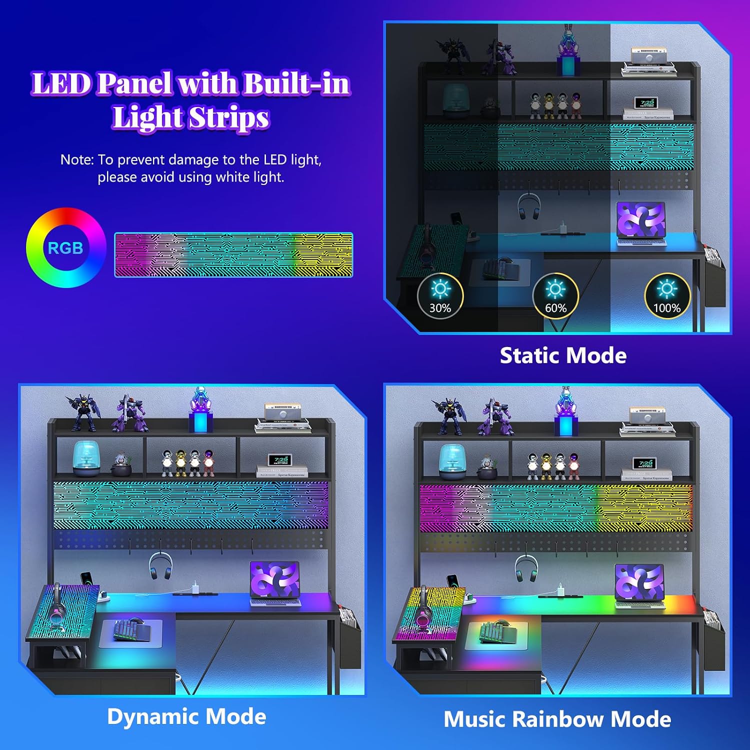 L Shaped Gaming Desk with Hutch, Reversible Computer Corner Desk with Drawers, Gaming Desk with LED Lights Panel, Power Outlets, Pegboard and Monitor Stand, Black