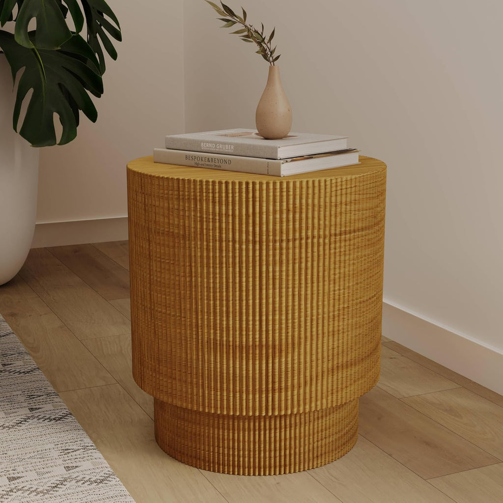 LeisureMod Modern Side Table Round Fiberstone Top Accent End Table for Home, Outdoor Patio, Living Room Sofa, Weather-Resistant, Eden Series in Brown