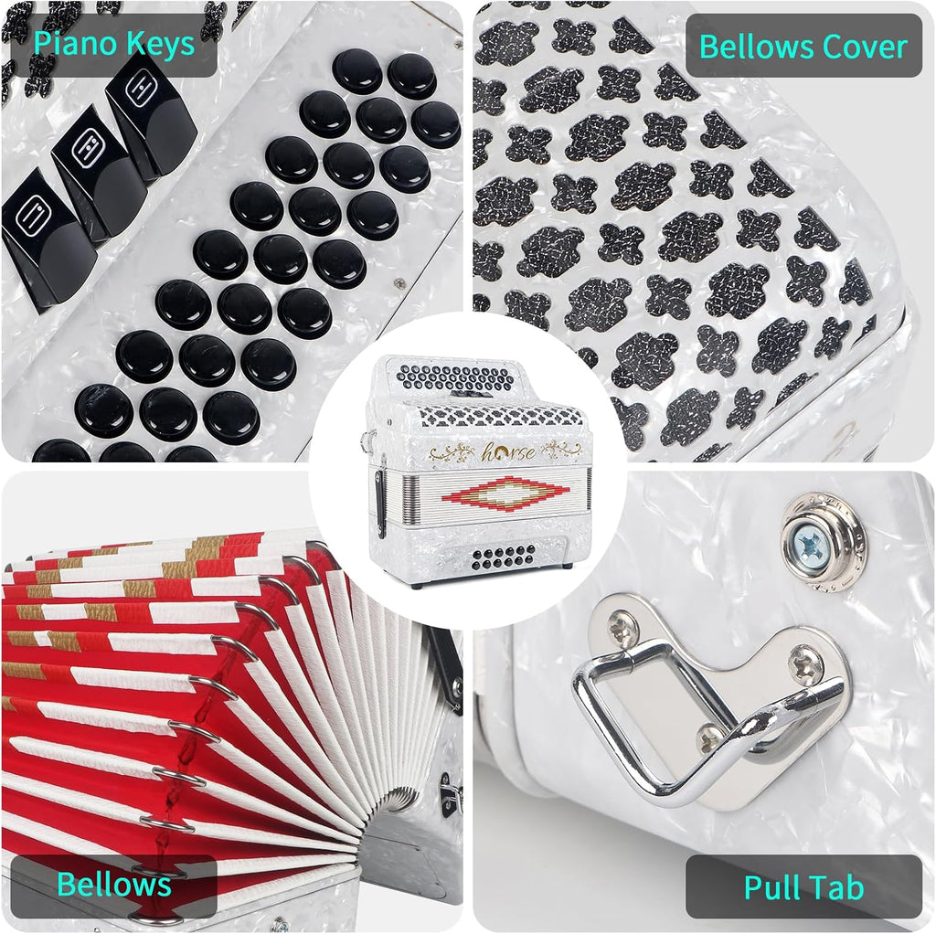 Horse 34 Key Accordion, FBE 12 Bass 3 Row, Made of Celluloid Louder & Clearer Timbre than Plastic,Accordions Instrument for Adults,W/Luxury Backpack,Straps,34 Buttons Acordeón Acordeones Para Adultos