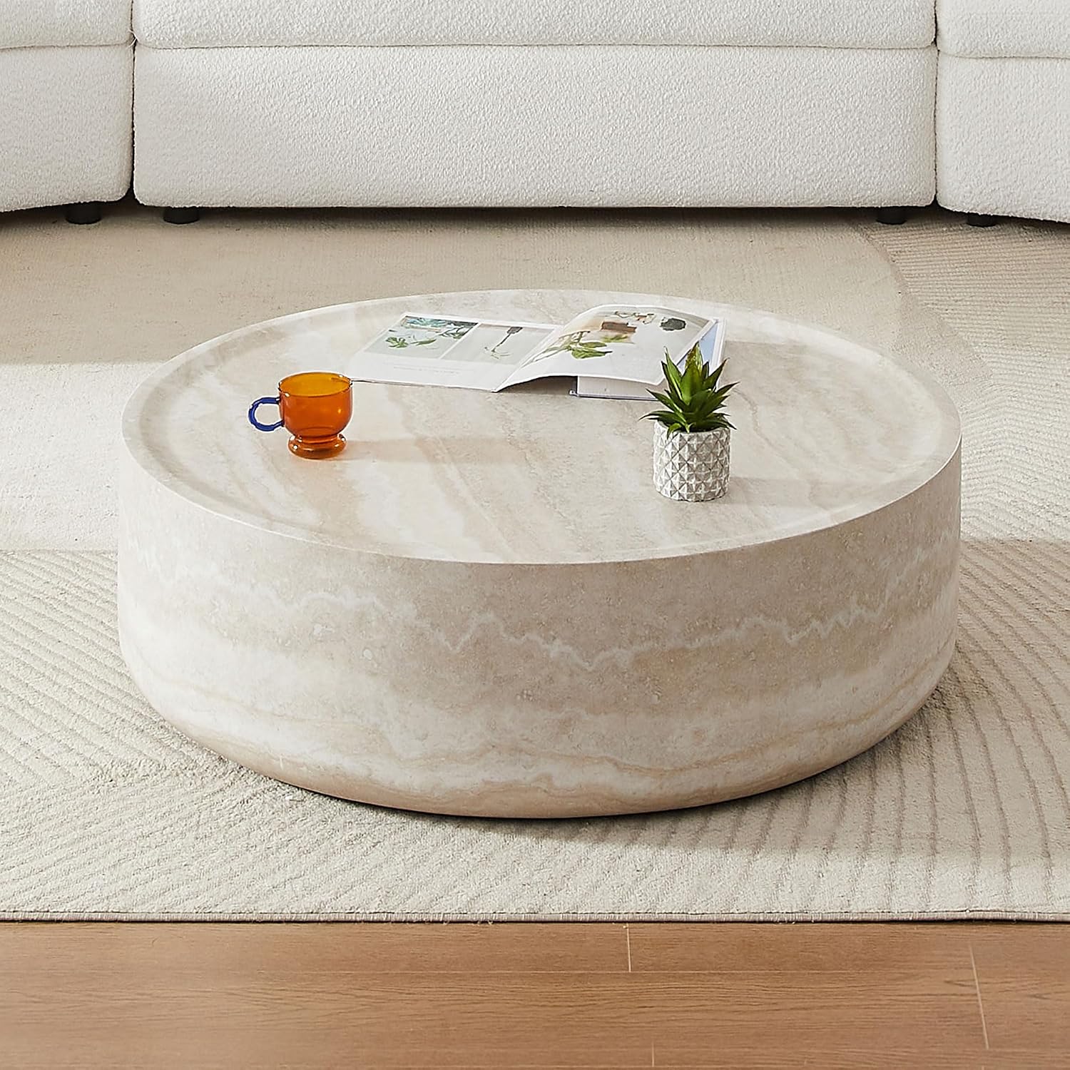 Modern Drum-Shape Coffee Table for Living Room 35.43' Round Cocktail Center Table Light Sand Color Circle Coffee Tables for Home Office, Fully Assembled