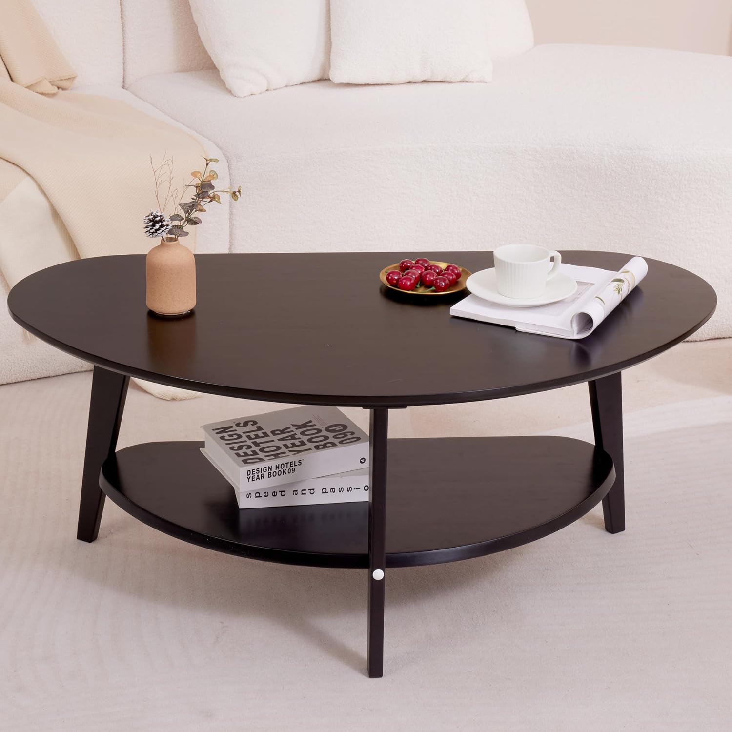 NAVREX Mid Century Modern Coffee Table, Oval Coffee Tables with Storage for Living Room, 2 Tier Solid Wood Center Table, Black Coffe Tables, Value Lies in Material, Easy Assembly, 40.2'*22'