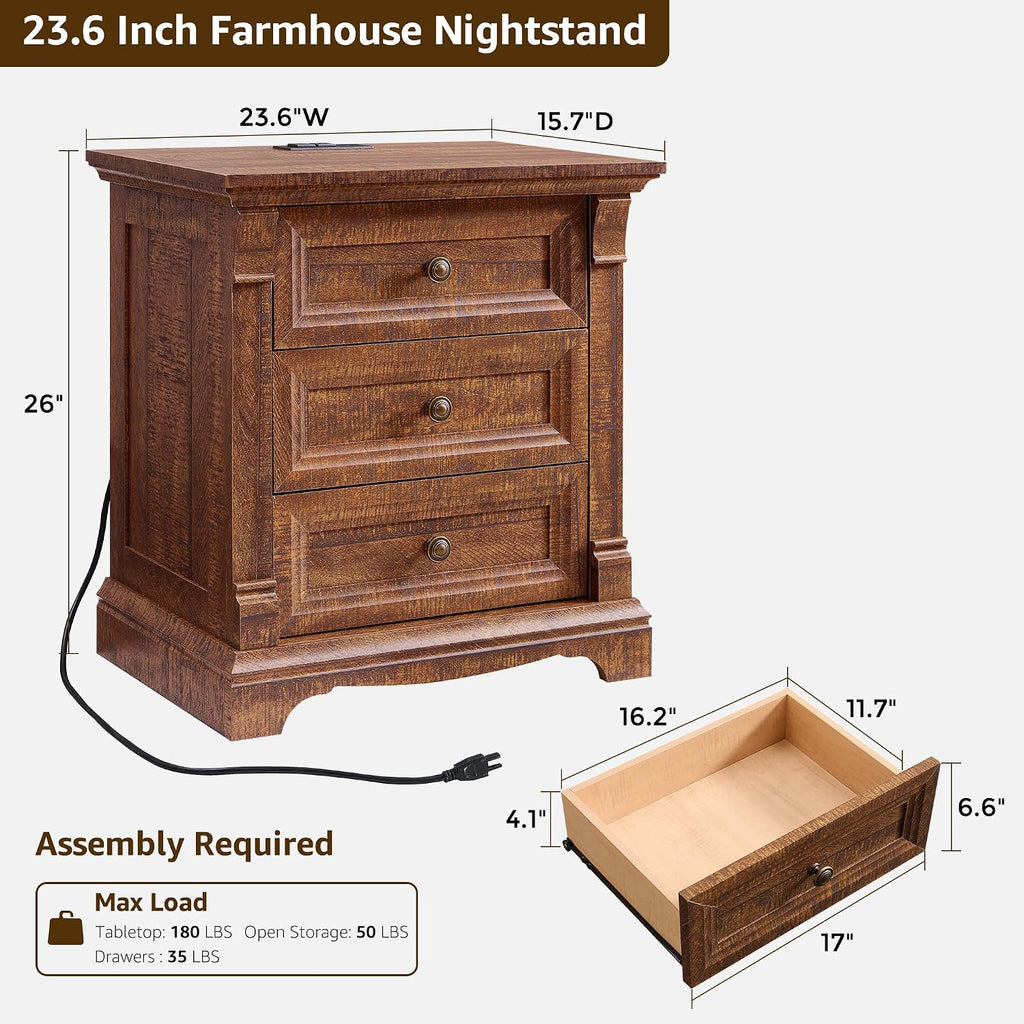 Farmhouse Nightstand Set of 2, 24' End Table with 3 Drawers Storage, Wood Side Table w/Roman Column, End Tables Living Room Set Of 2, Bedside Cabinet for Bedroom, Living Room, Reclaimed Barnwood