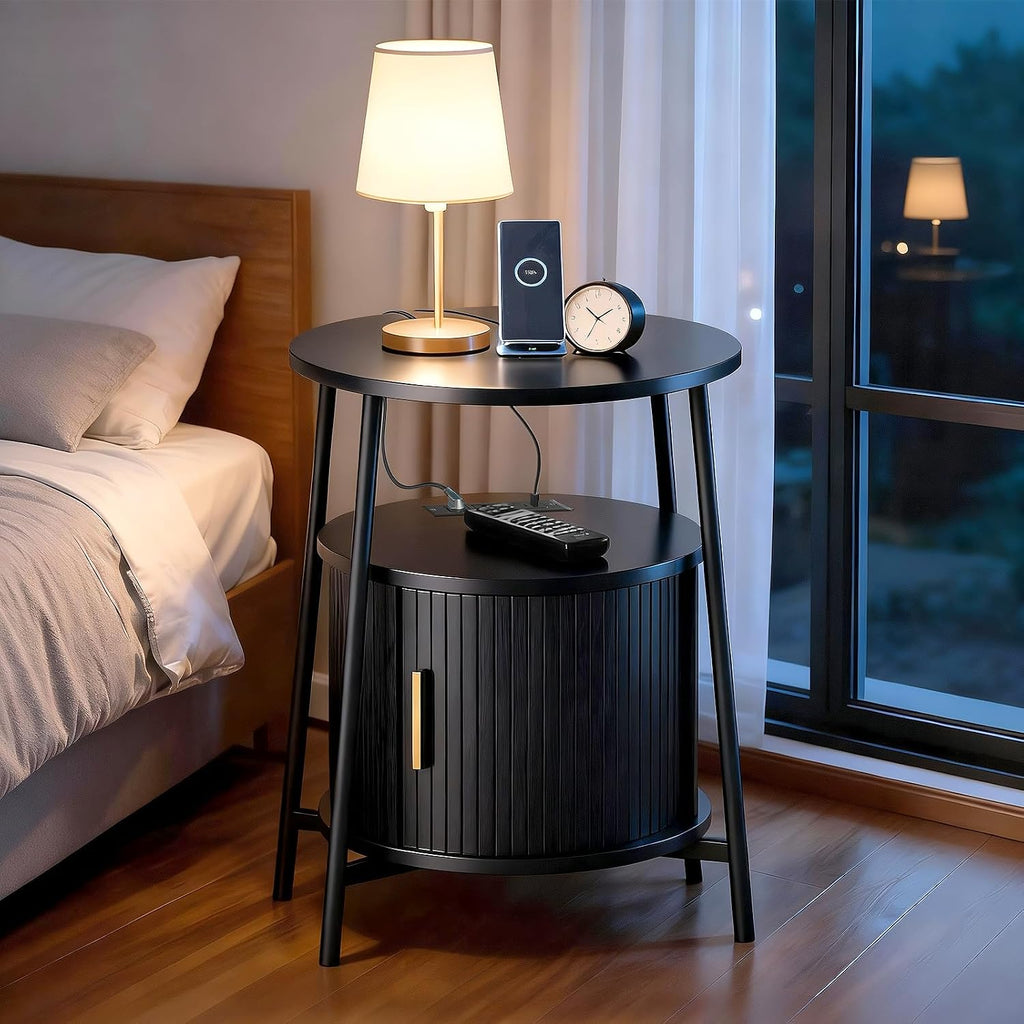 DHH Round End Tables Set of 2 & Charging Station, Fluted Accent Side Table with Sliding Door, Mid-Century Modern Nightstand Set of 2 for Small Space Storage, Living Room, Bedroom,Sofa Couch(2, Black)