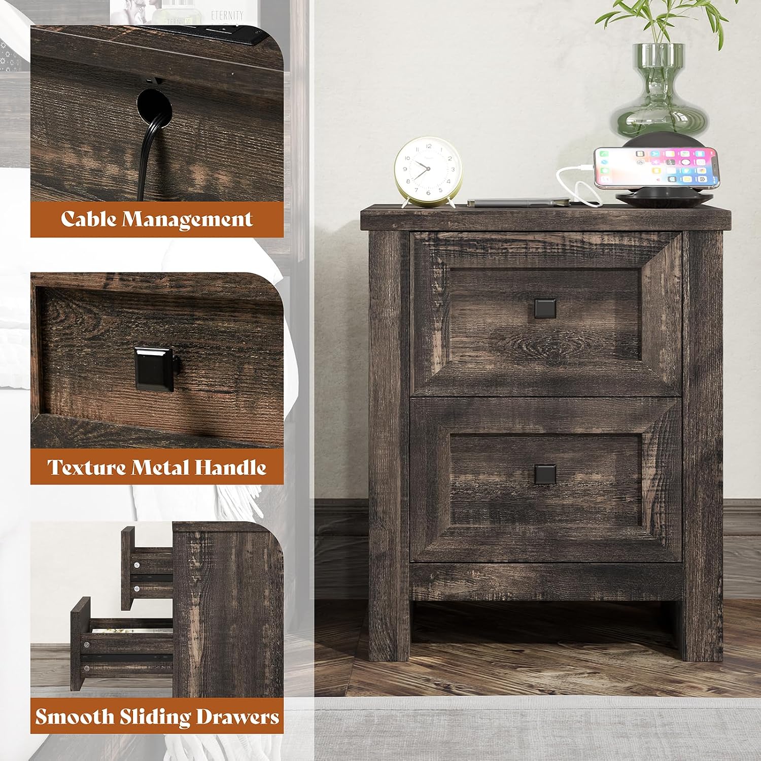 AMERLIFE Nightstand Set of 2 with Charging Station, Rustic Bedside Table with Drawers Storage, Farmhouse Wood Night Stand for Bedroom, Dark Oak