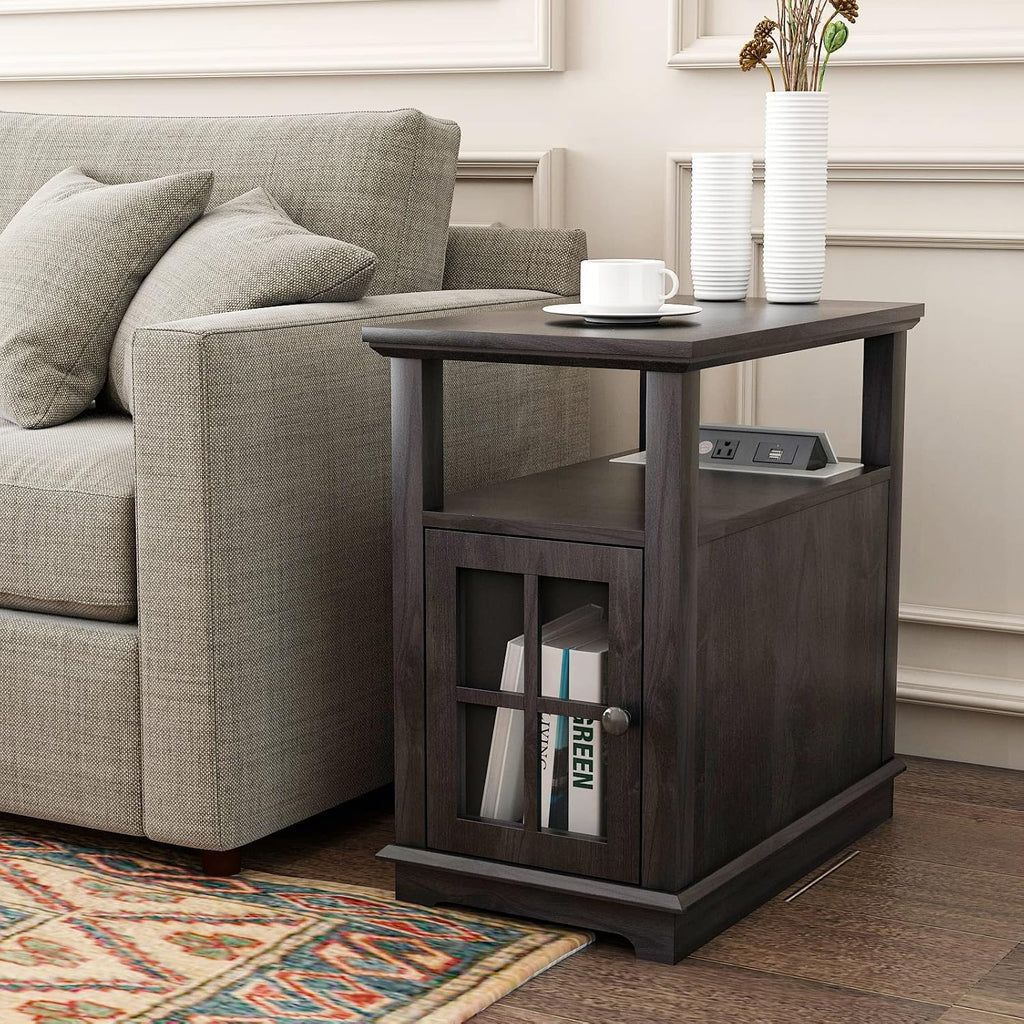 HIFYOBRO End Table with Safe Charging Station, Narrow Side Table with USB Ports & Outlets, Nightstand with Adjustable Shelf & Glass Door, Small Storage Table for Living Room, Bedroom