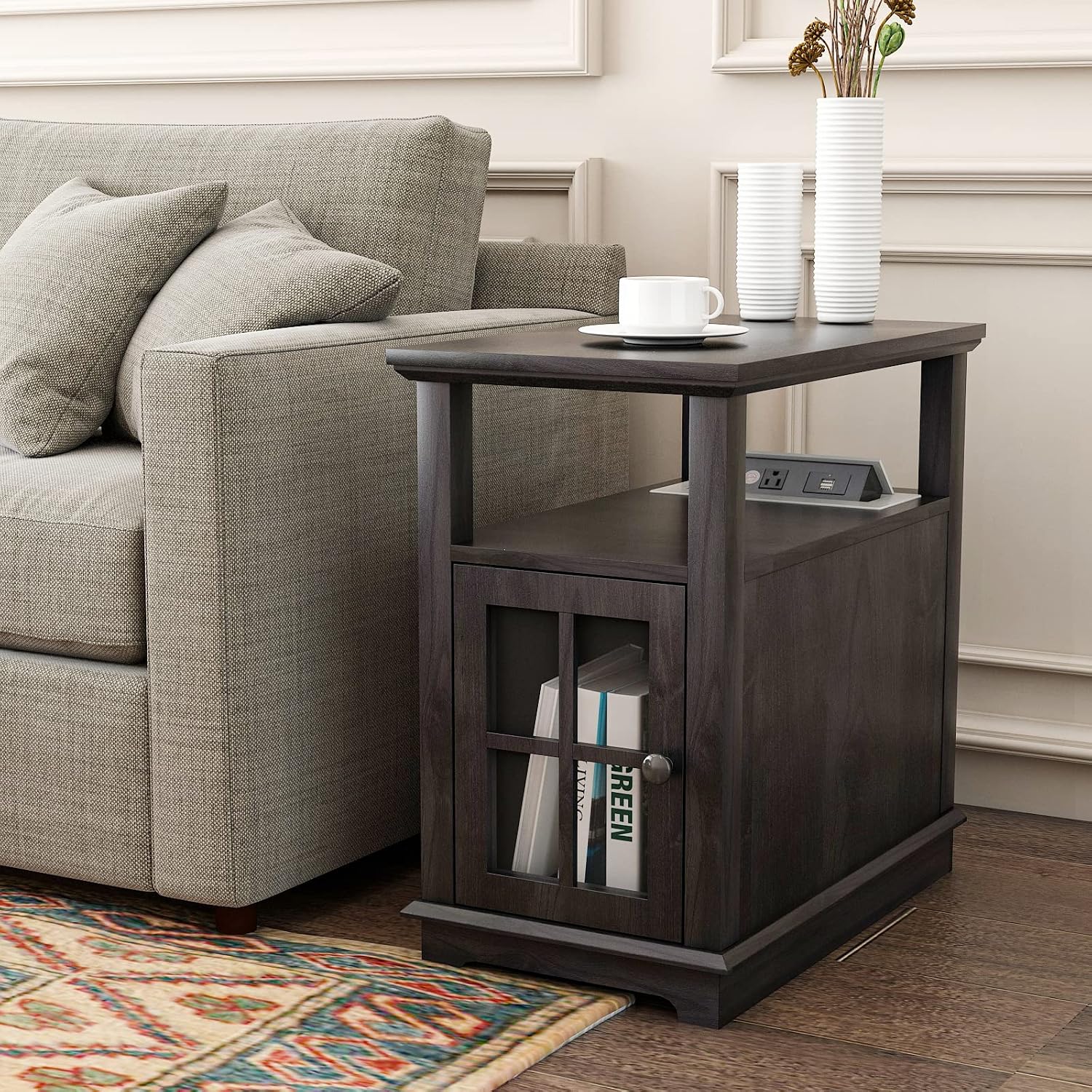 HIFYOBRO End Table with Safe Charging Station, Narrow Side Table with USB Ports & Outlets, Nightstand with Adjustable Shelf & Glass Door, Small Storage Table for Living Room, Bedroom