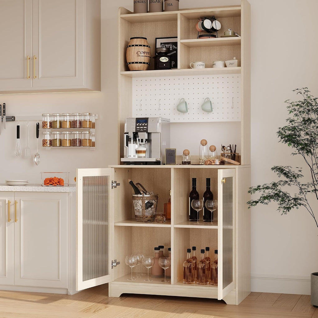 71' Tall Pantry Cabinet with 2 Glass Doors, Freestanding Kitchen Storage Cabinet with Open Storage & Adjustable Shelves, Modern Farmhouse Cupboard Coffee Bar for Dining Room, Living Room, Natural
