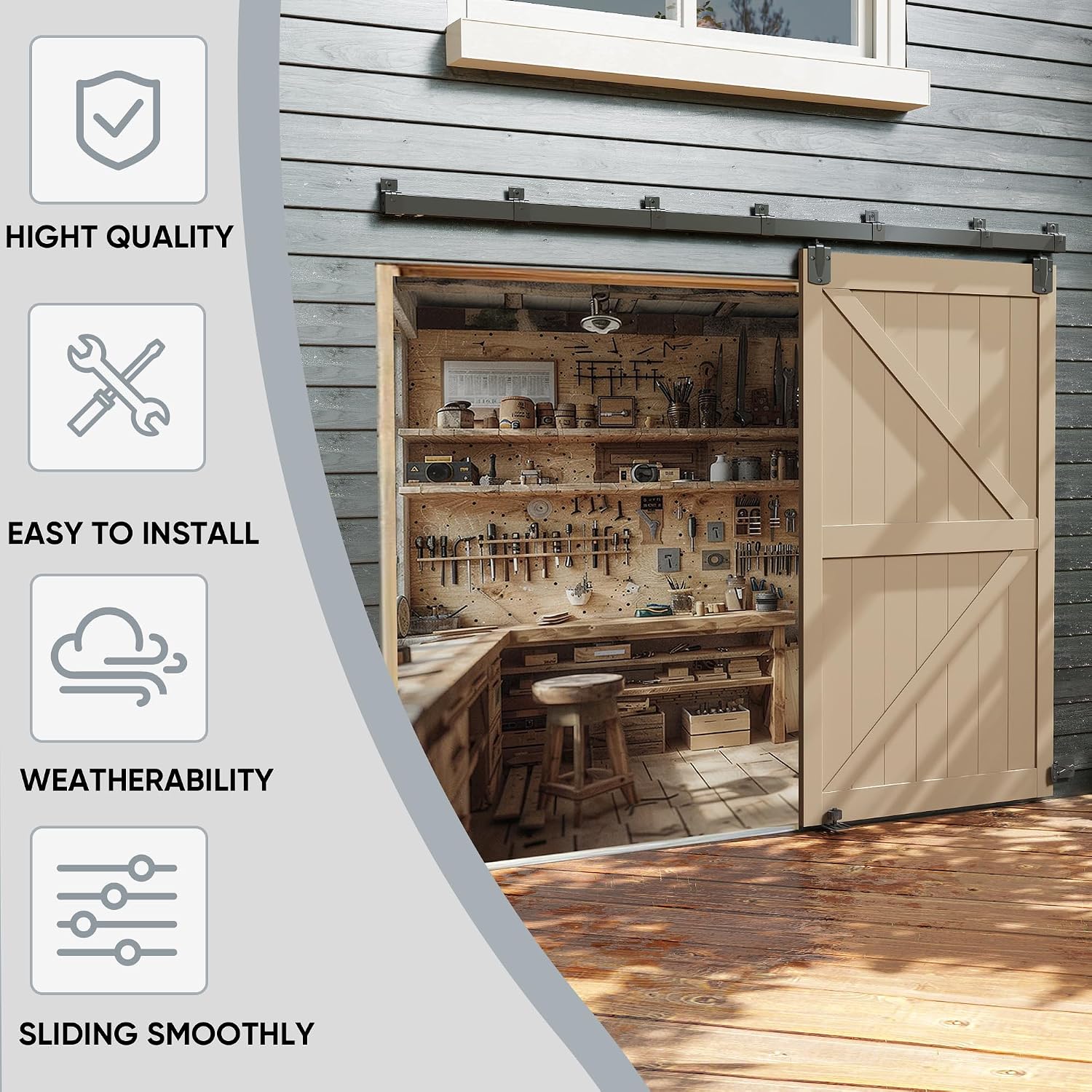 JUBEST 10FT Box Rail Exterior Barn Door Hardware Kit, Heavy-Duty Black Sliding Barn Door Track System, Wall Mount Door Hardware Kits (Door Not Included)
