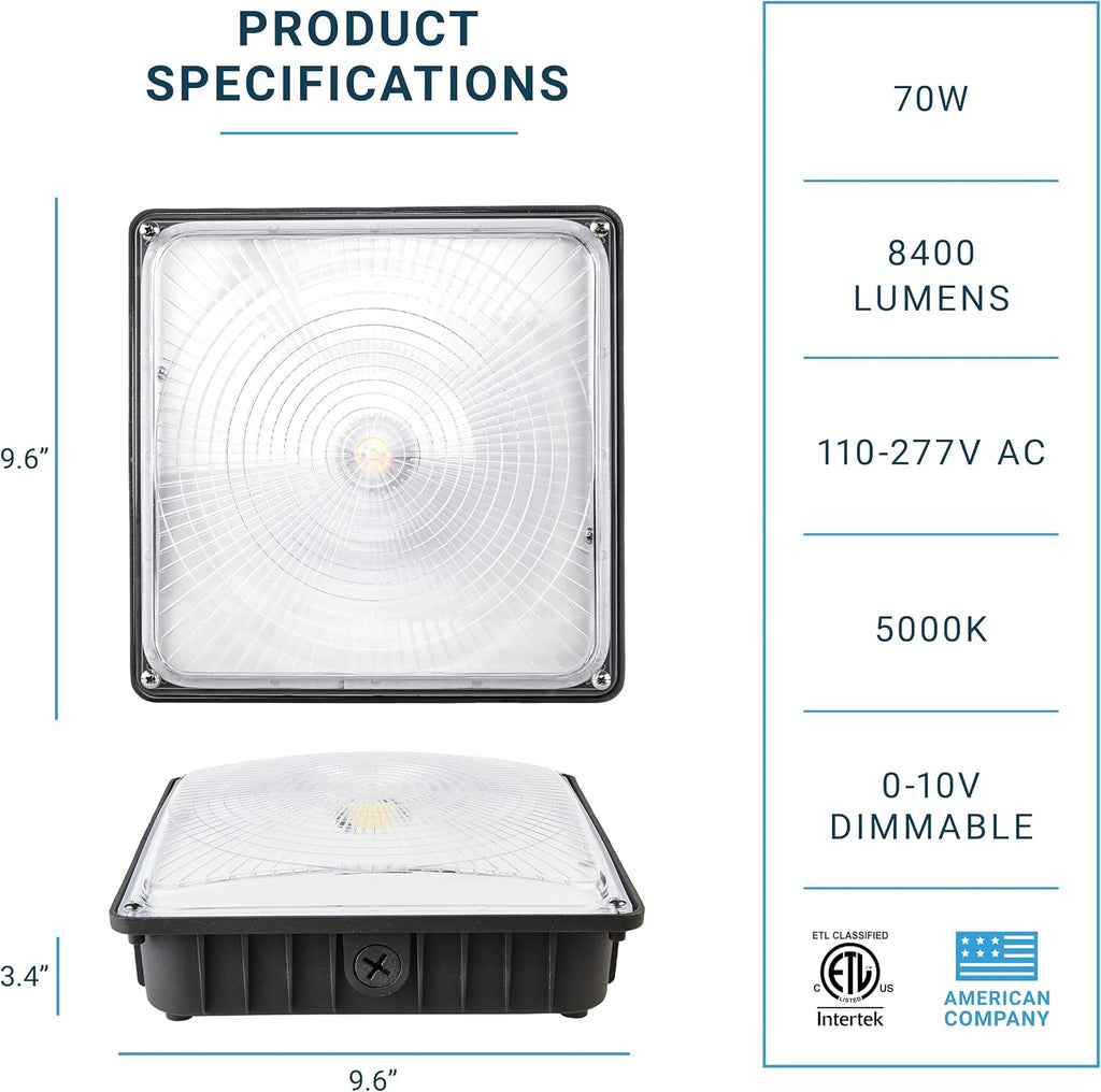 PARMIDA (4 Pack) LED Canopy Light, 70W, Dimmable, 110-277VAC, IP65 Waterproof, ETL-Listed, 5000K, 9.6' x 9.6', Gas Station, Street, Area & Outdoor Lighting, Commercial Grade