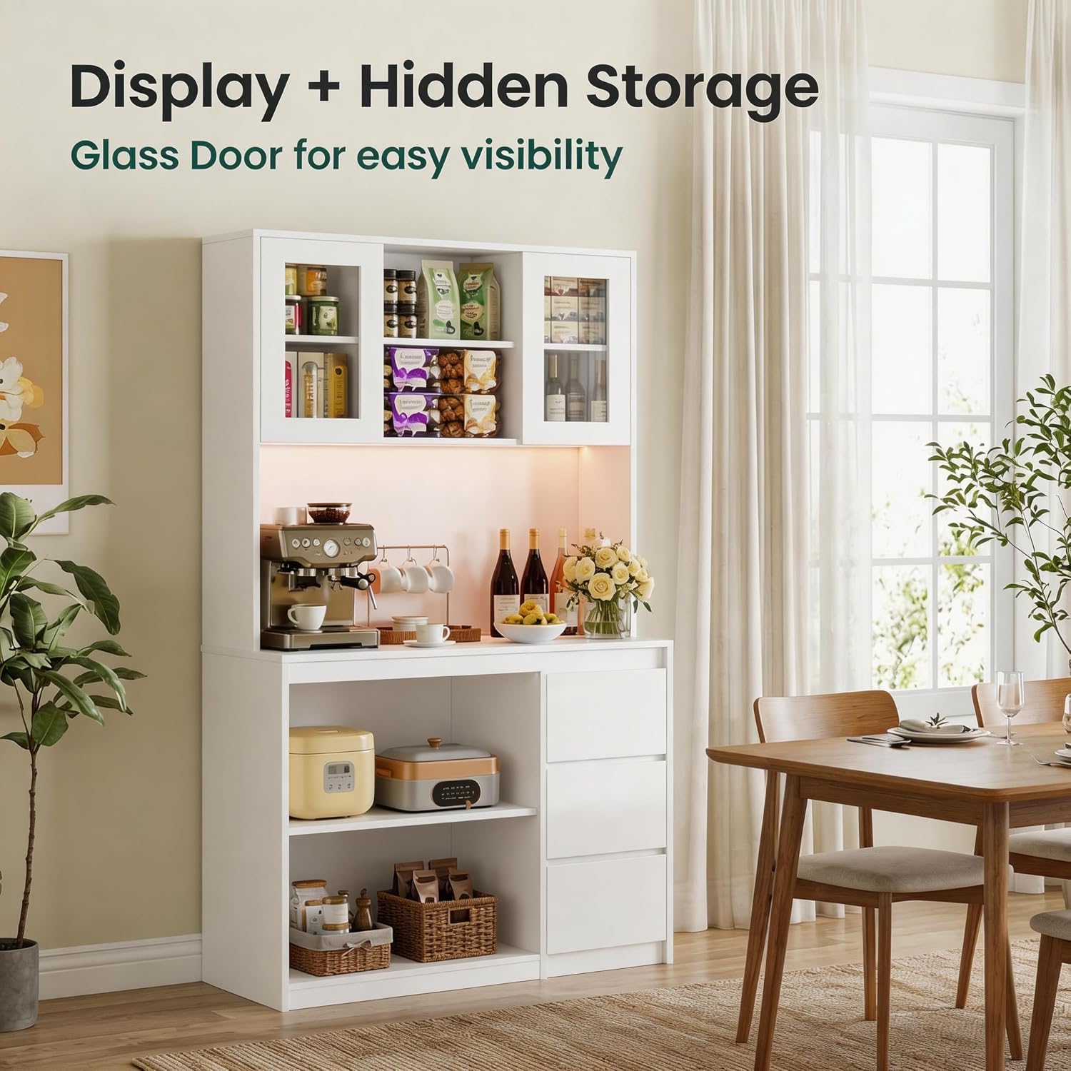 71' Kitchen Pantry Cabinet,Tall Storage Cabinet with Doors & Shelves Adjustable, Kitchen Storage Hutch with Microwave Shelf,Coffee Bar,Led Lights&Charging Station,Corner Pantry Cabinet for Living Room