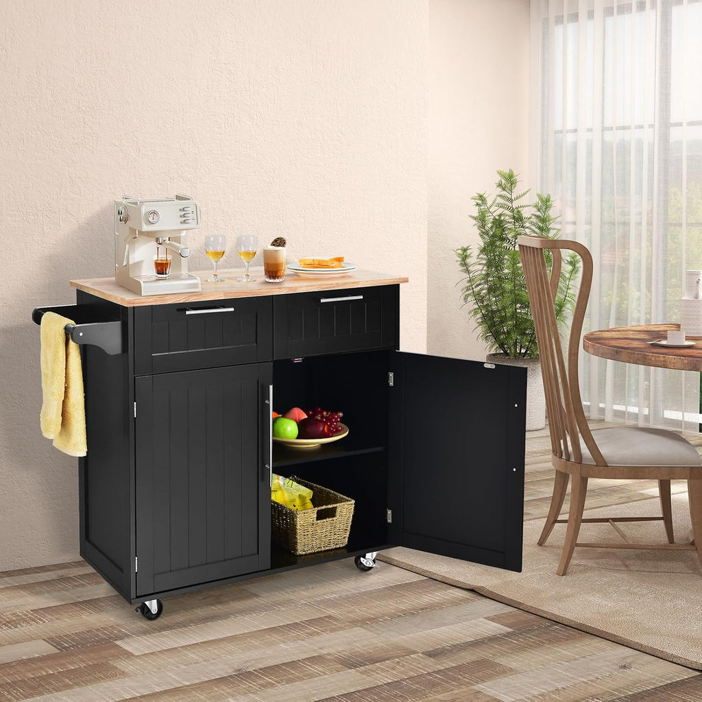Kitchen Island with Storage, Mobile Kitchen Trolley Cart with Wheels, Rubber Wood Top, Adjustable Shelves, Towel Rack & Drawers, Rolling Kitchen Island Cart, 37' L x 18' W x 37' H (Black)