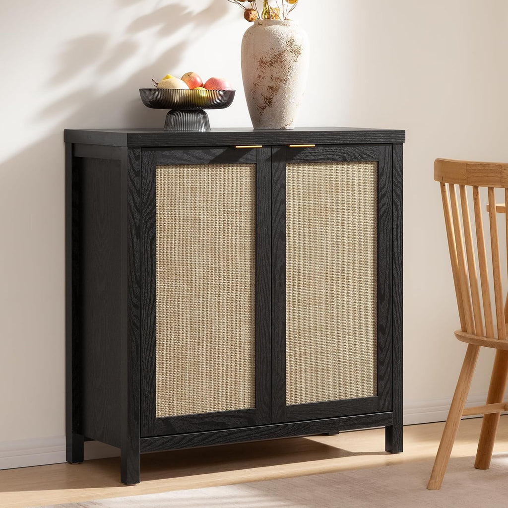 SICOTAS Rattan Sideboard Buffet Storage Cabinet - Boho Credenza Coffee Bar Cabinet with Large Storage, Buffet Console Table for Kitchen Living Room Entryway - Black
