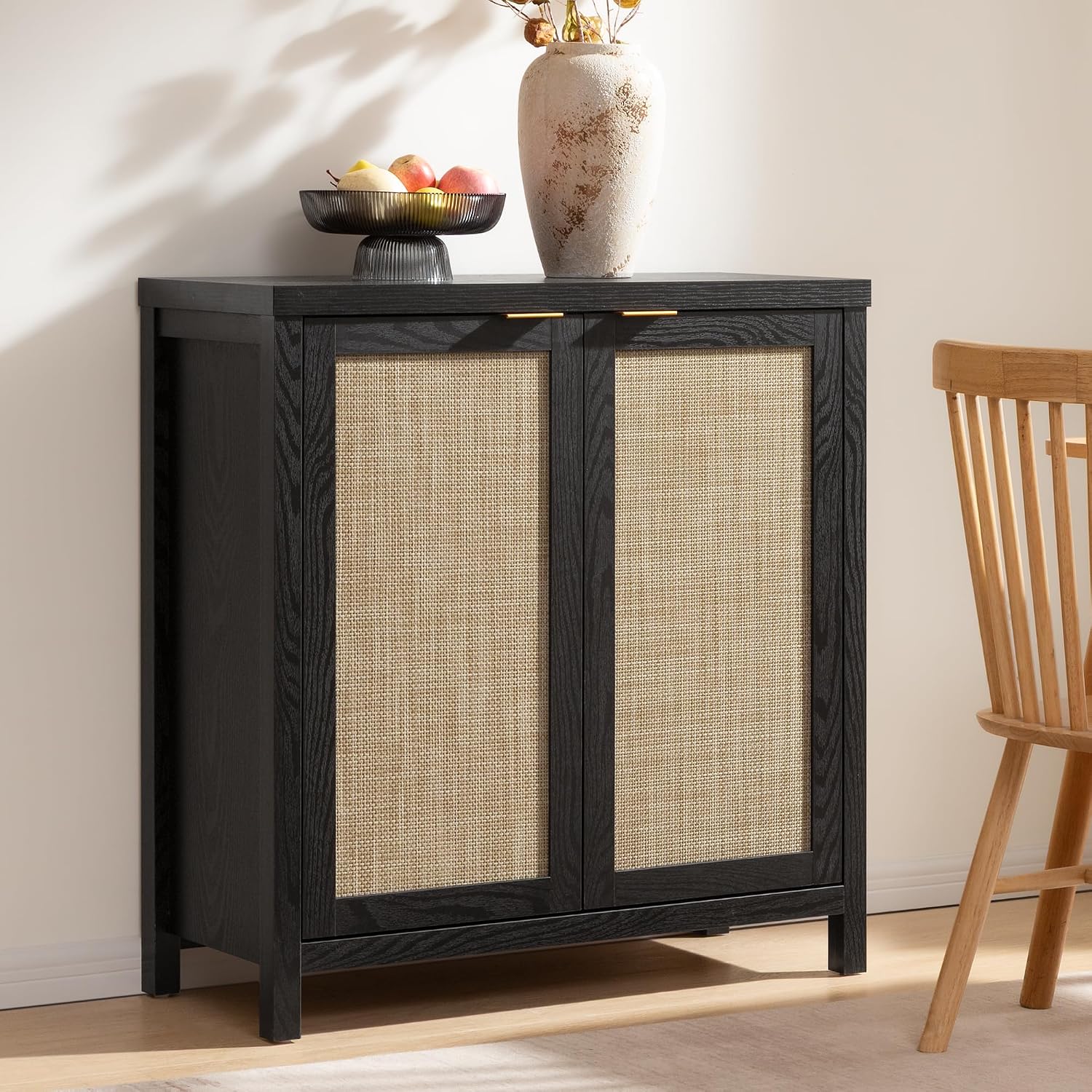 SICOTAS Rattan Sideboard Buffet Storage Cabinet - Boho Credenza Coffee Bar Cabinet with Large Storage, Buffet Console Table for Kitchen Living Room Entryway - Black