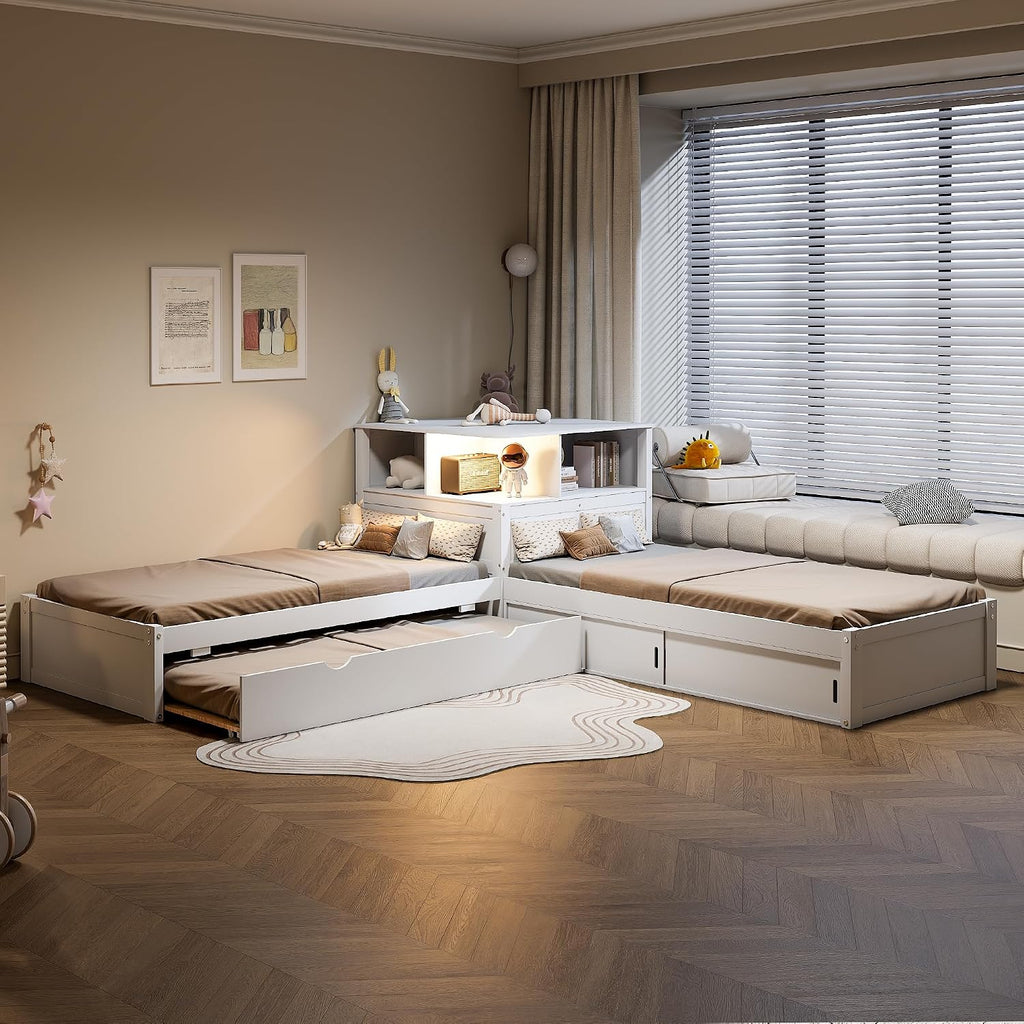 Ball & Cast Twin Size L-Shaped Platform Bed with Storage Cabinets and Multifunctional Desk,Wood Corner Daybed w/Trundle & LED Light,No Box Spring Needed,for Bedroom,Guest Room,Living Room,White