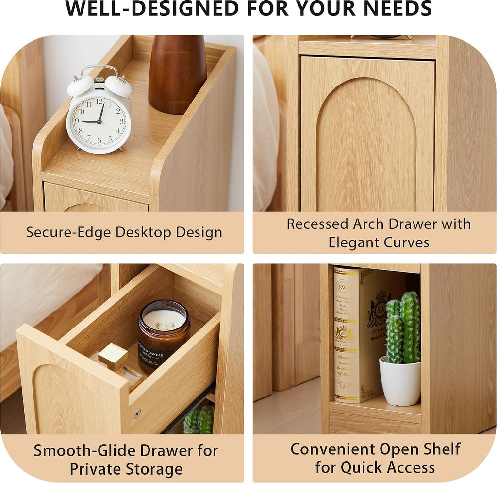 Narrow Nightstands Set of 2, Slim Bedside Tables with Raised Edge Top, Arched Drawer & Open Shelf, Modern Wooden Small End Tables for Bedroom Small Spaces (2, Natural)