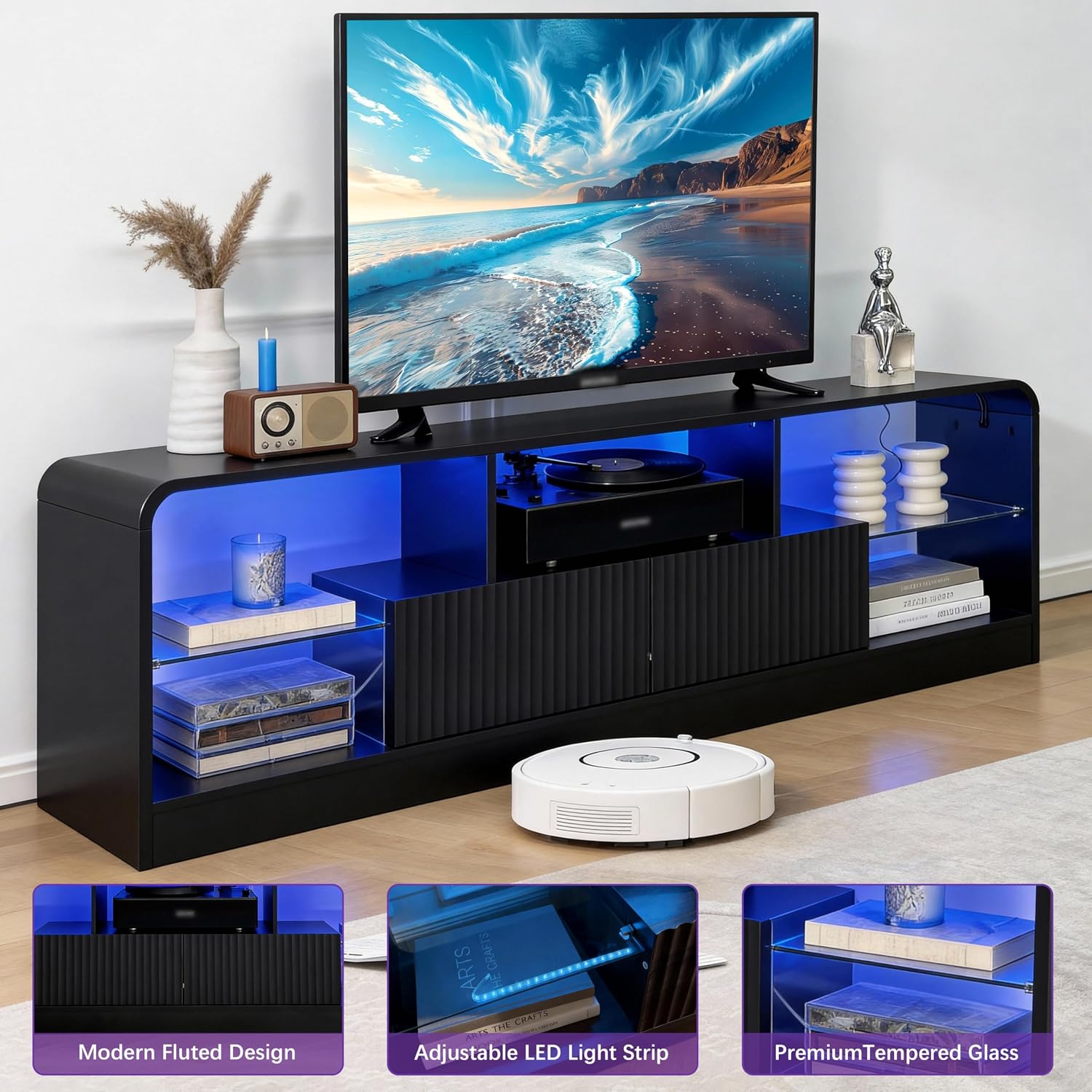 Wodeer Mid Century Modern TV Stand for 55 60 65 70 75 Inch TVs, Fluted TV Stands for Living Room with LED Lights, 63'' Entertainment Center with 2 Large Drawers & Glass Shelves, Black