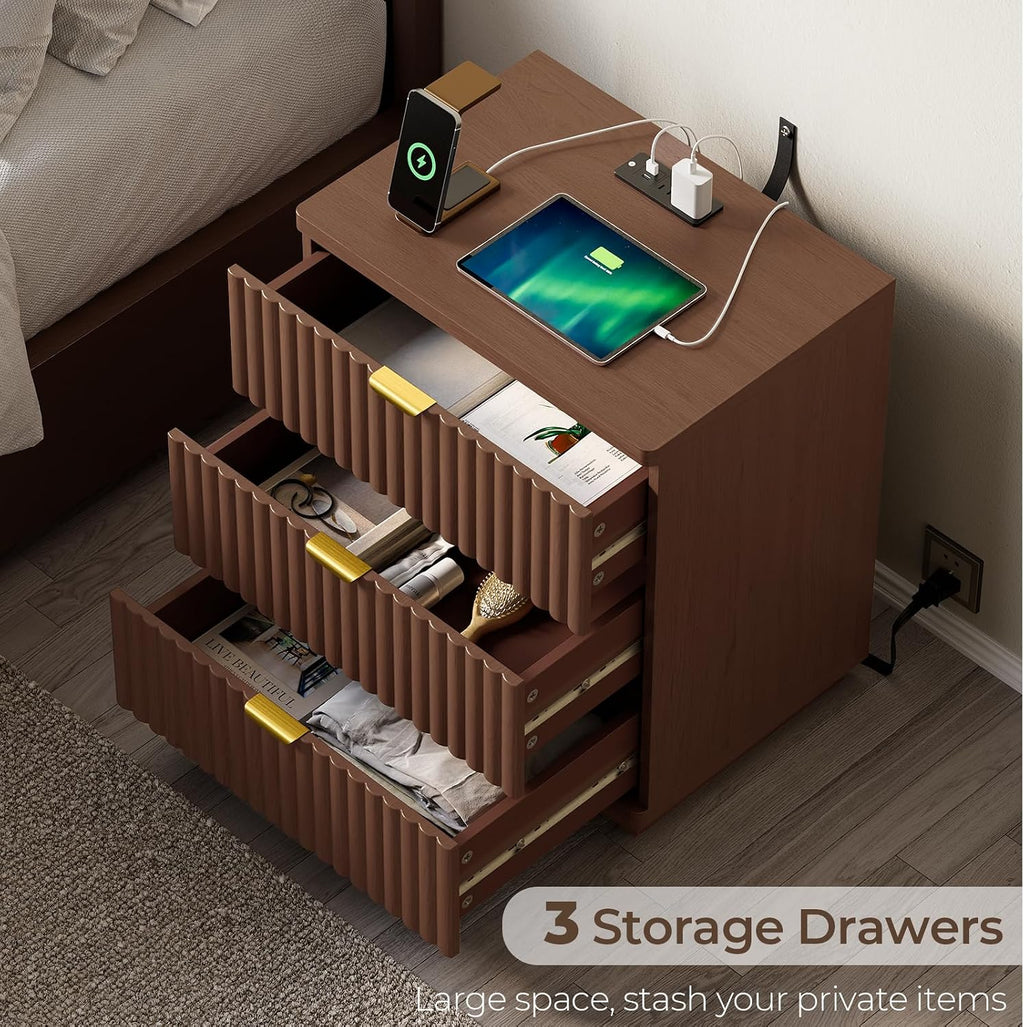 Nightstands Set of 2, Nightstand with Charging Station & 3 Drawers Storage Bedside Table Large Fluted Bed Side End Table, Modern Nightstand for Bedroom Living Room (Walmut)