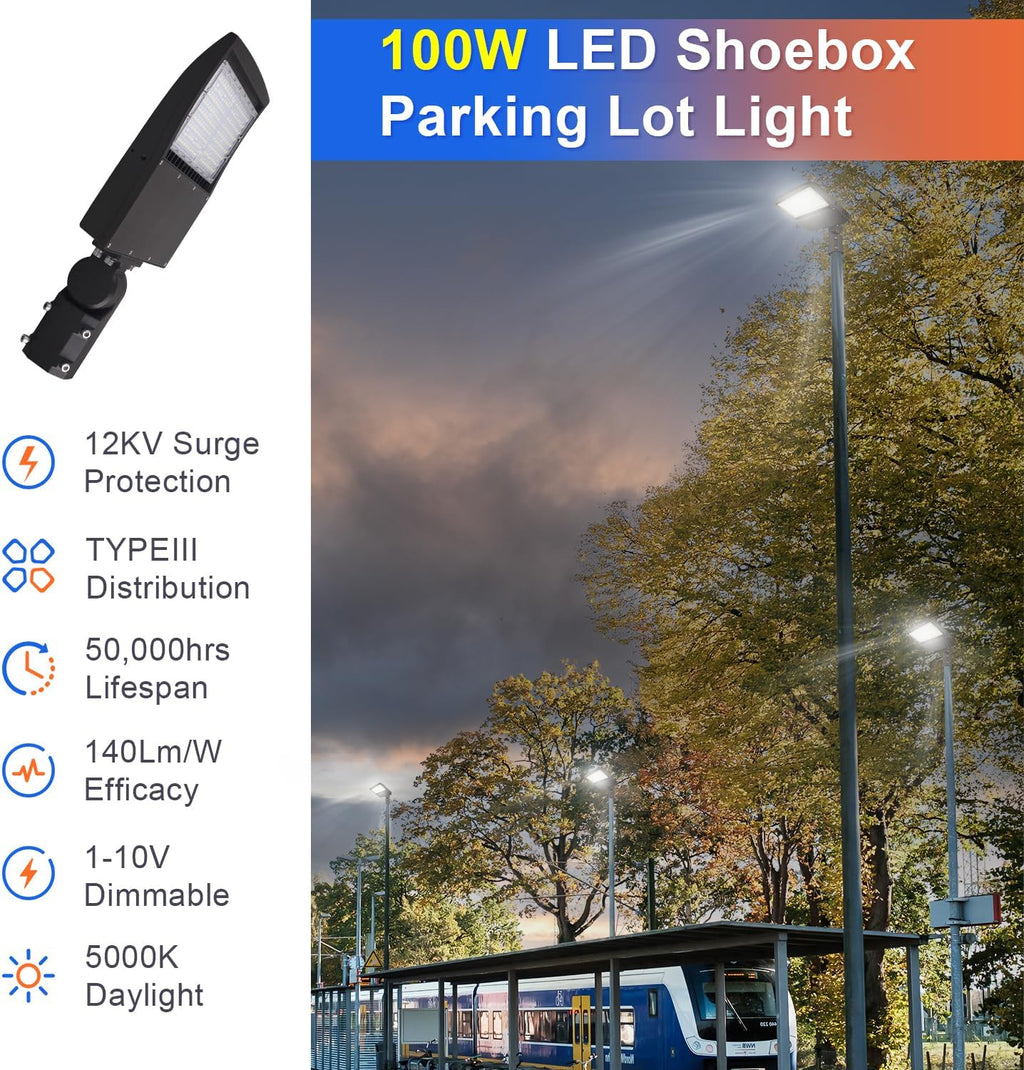 OSTEK 100W LED Parking Lot Light,14000lm (140lm/w) 5000K LED Shoebox Light -Slip Fitter Mount Outdoor Area Street Lighting [200-350W HID/HPS Equiv.] Commercial Outdoor Lighting 100-277V,UL&DLC Listed