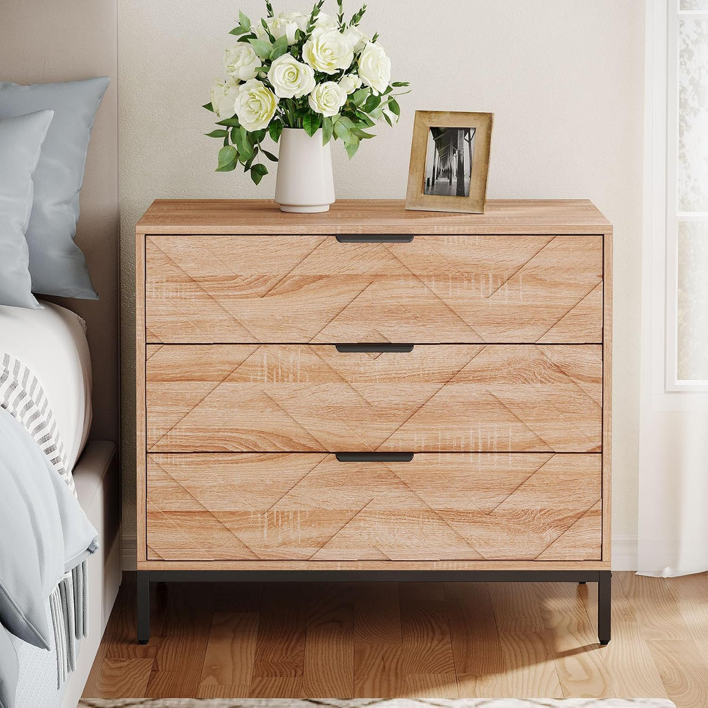 Tribesigns Wooden Nightstand Set of 2 with 3 Drawers, 31' Wide Night Stand with Metal Legs, Modern Large Bedside End Table for Bedroom, Living Room