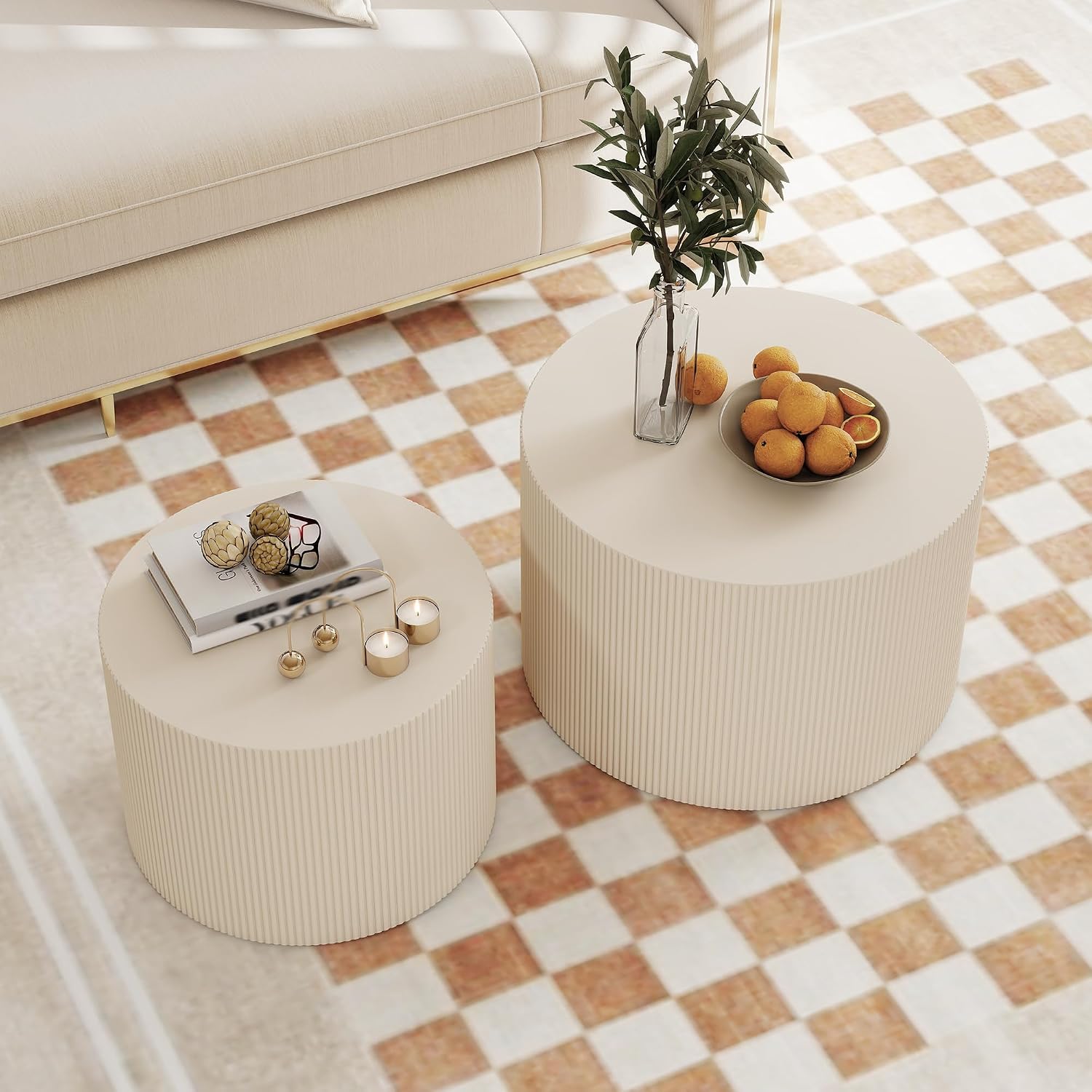 Otterease Round Coffee Table Set of 2, Modern Wooden Beige Nesting Tables for Living Room, No Assembly Required Circle Side Tables Set Accent End Table for Bedroom, Balcony