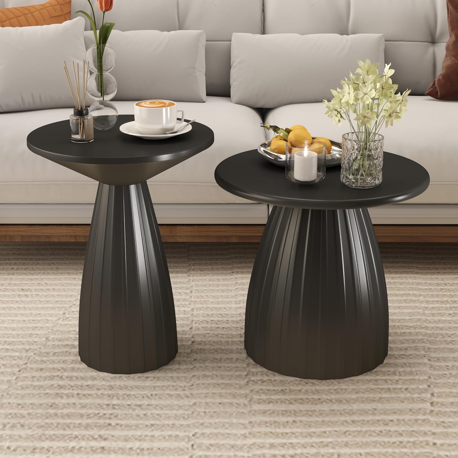 Black Round Side Table Set of 2 for Sofa, Metal Small Circle Couch End Table, Modern Round Nightstand, Mid Century Bedroom Night Stand, for Living Room, Skinny, 15.5 Inches