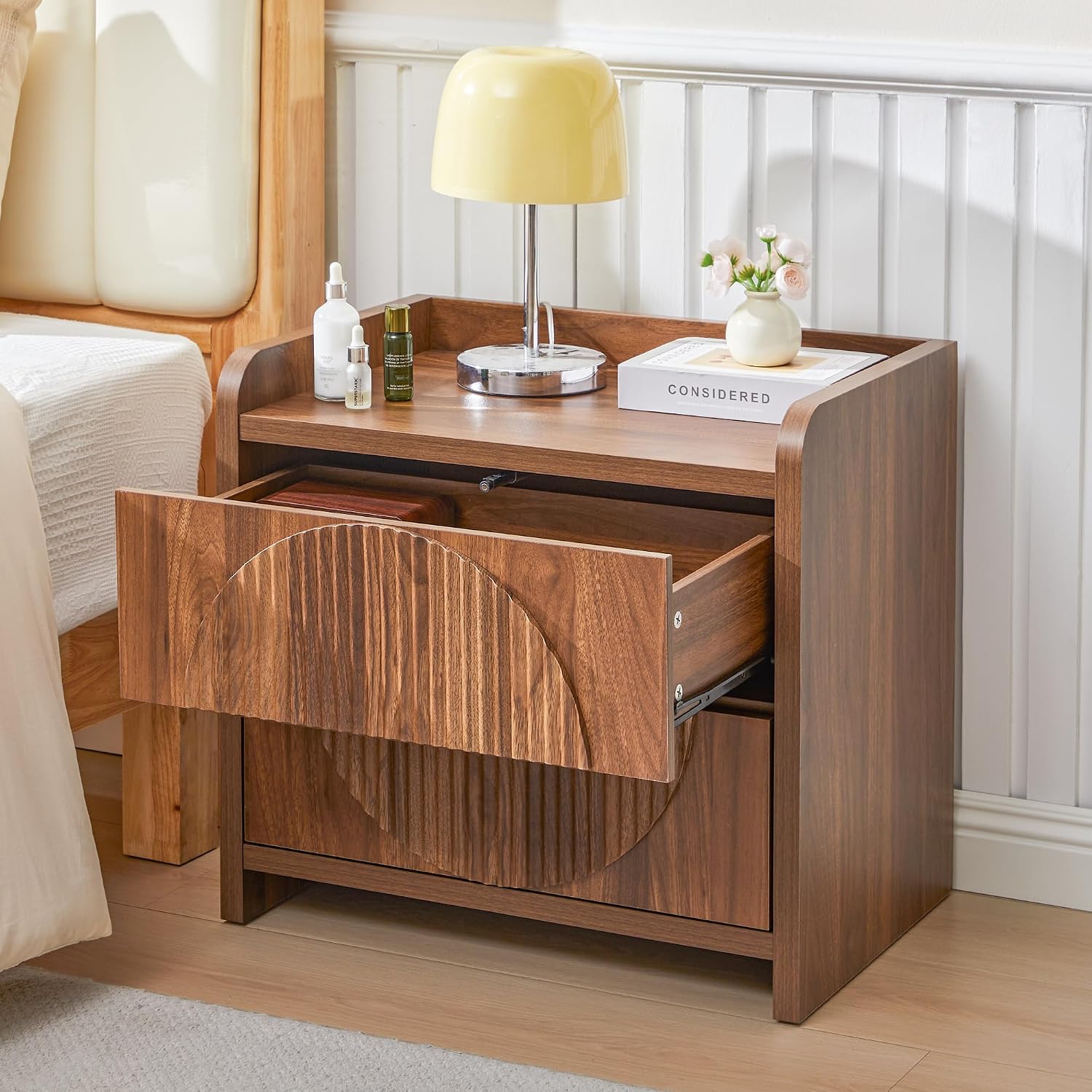 Turtle&Myrtle 24 Inch Wide Fluted Nightstands Set of 2, Large Night Stand with 2 Drawers, Mid Century Modern Bedside Table End Table with Storage for Bedroom, Office (Walnut)