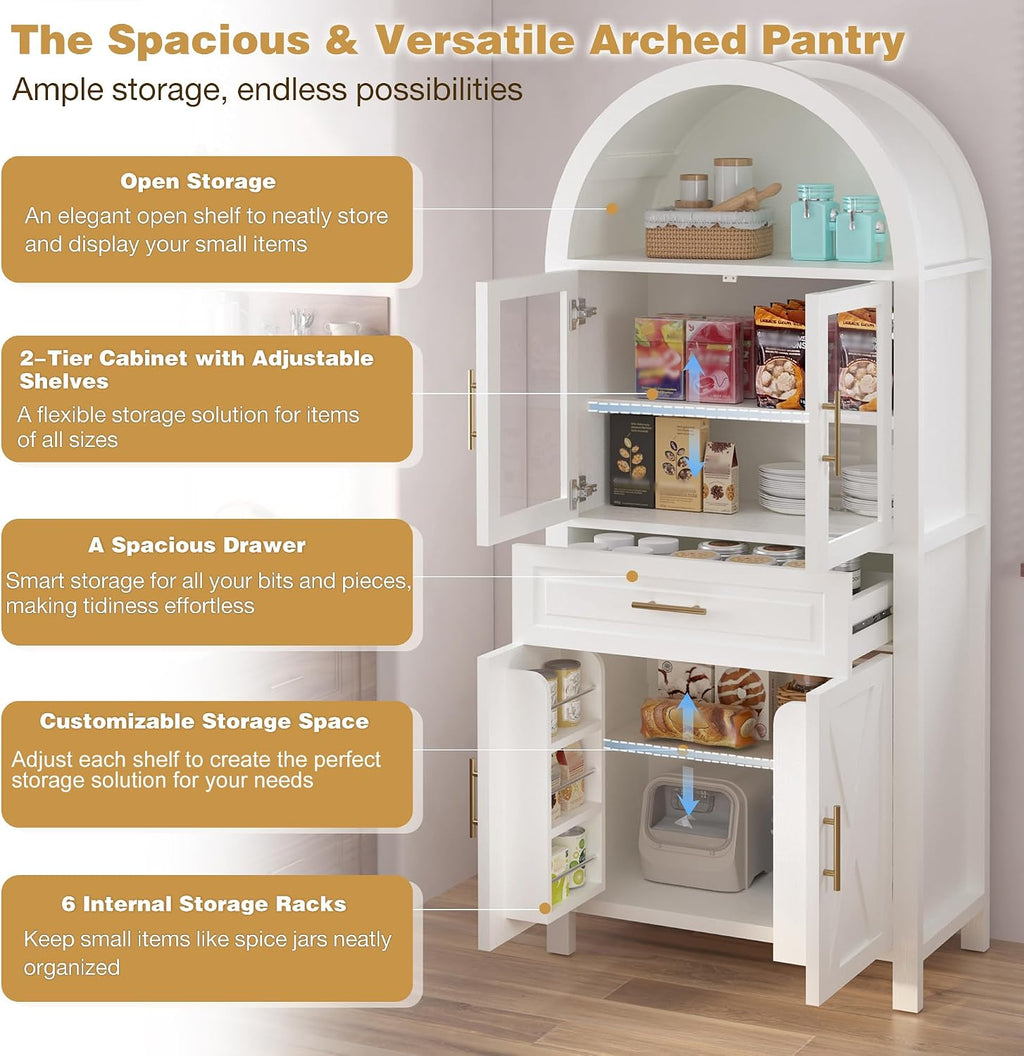 71' Farmhouse Arched Kitchen Pantry Cabinet with Glass Doors & Large Drawer, Wood Versatile Cupboard with Adjustable Shelves for Kitchen Dining Room Living Room Coffee Bar(White)